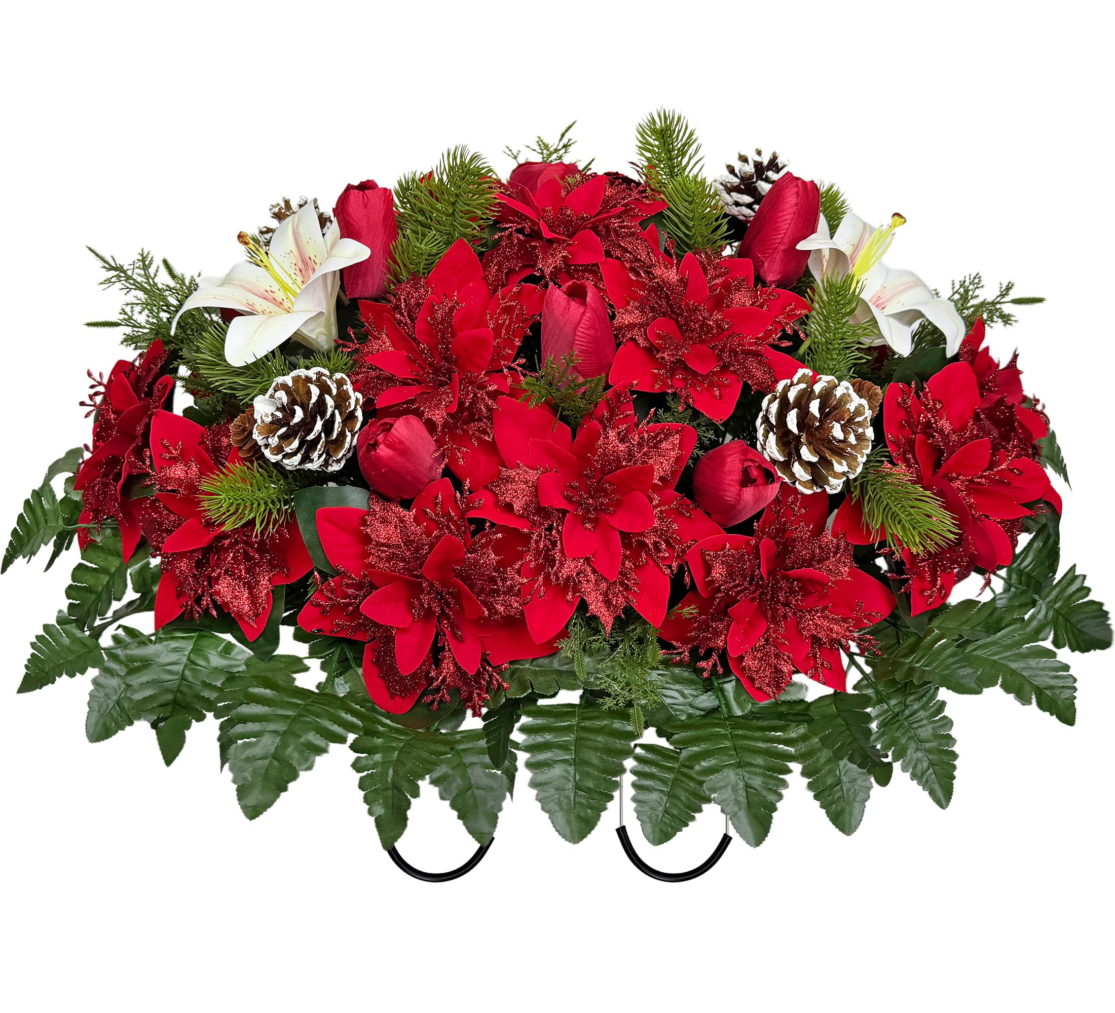Pierre tombale de Noël artificielle, fleurs de cimetière pour tombe, poinsettias, tulipes et pommes de pin