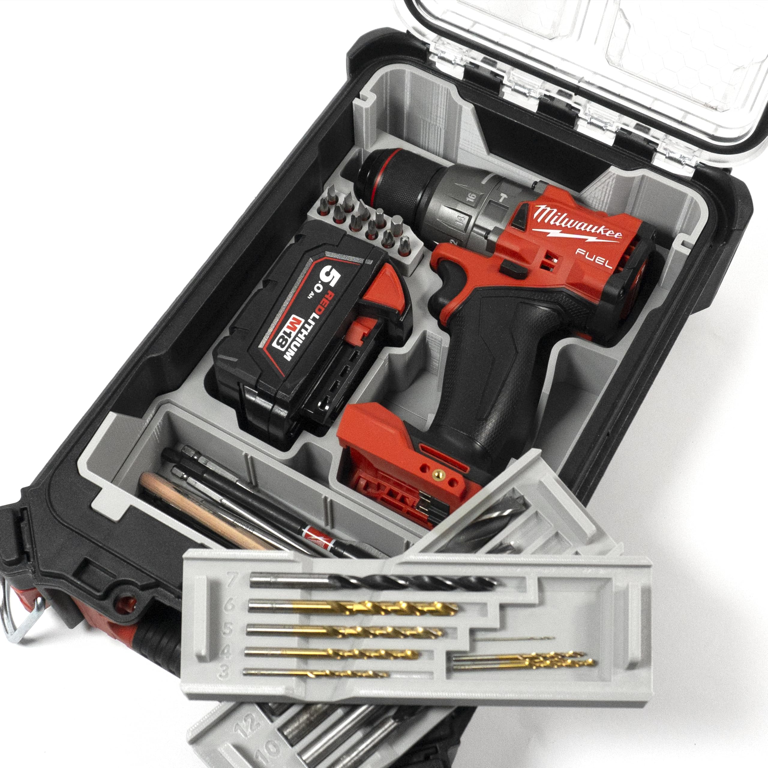 Taca na wkładkę kompatybilna z Milwaukee M18 Combi Drill FPD3, 2903-20, 2904-20 i PACKOUT Kompaktowy organizer (czarny, tacki na wiertła i płytki organizer)