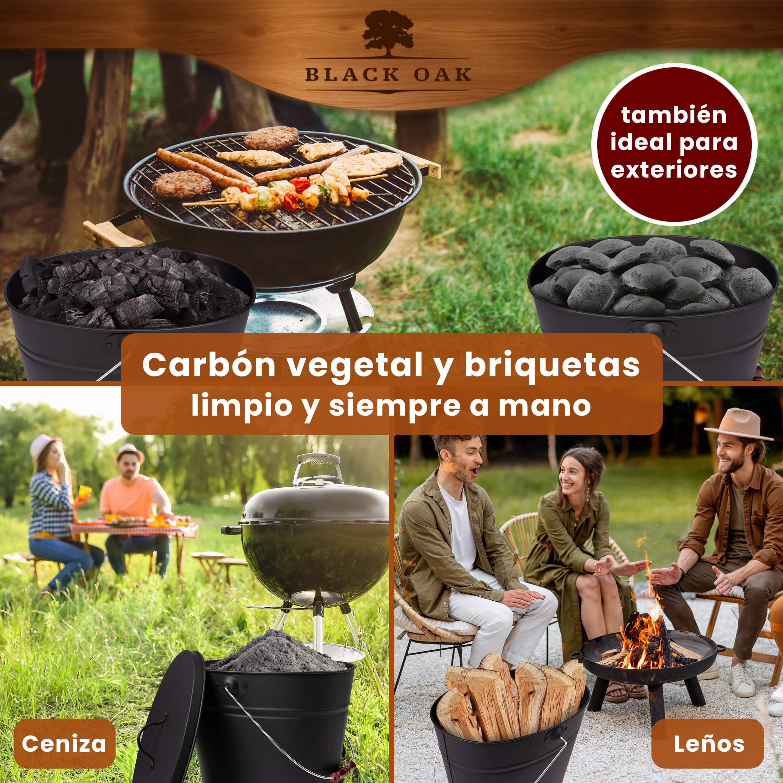 BLACK OAK Cubo de ceniza ETNA 14L – negro con tapa – grande 14 litros – Acero galvanizado y recubierto de polvo para cenizas y carbón, accesorio ideal para chimenea, estufa de azulejos, estufa de leña