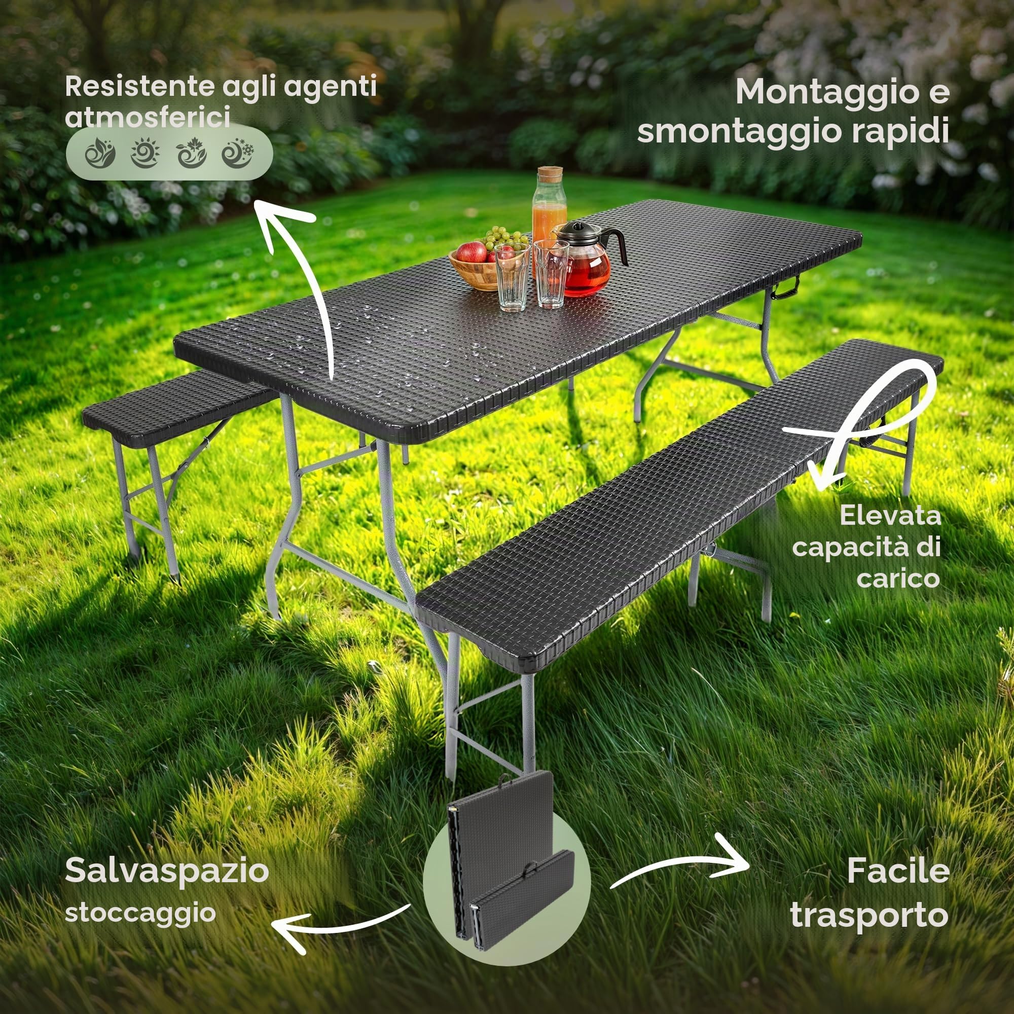 AREBOS Set tavolo pieghevole da campeggio con 2 panche | Set tavolo da giardino effetto rattan per 8 persone | Resistente UV e intemperie | Struttura in acciaio stabile | Facile da trasportare
