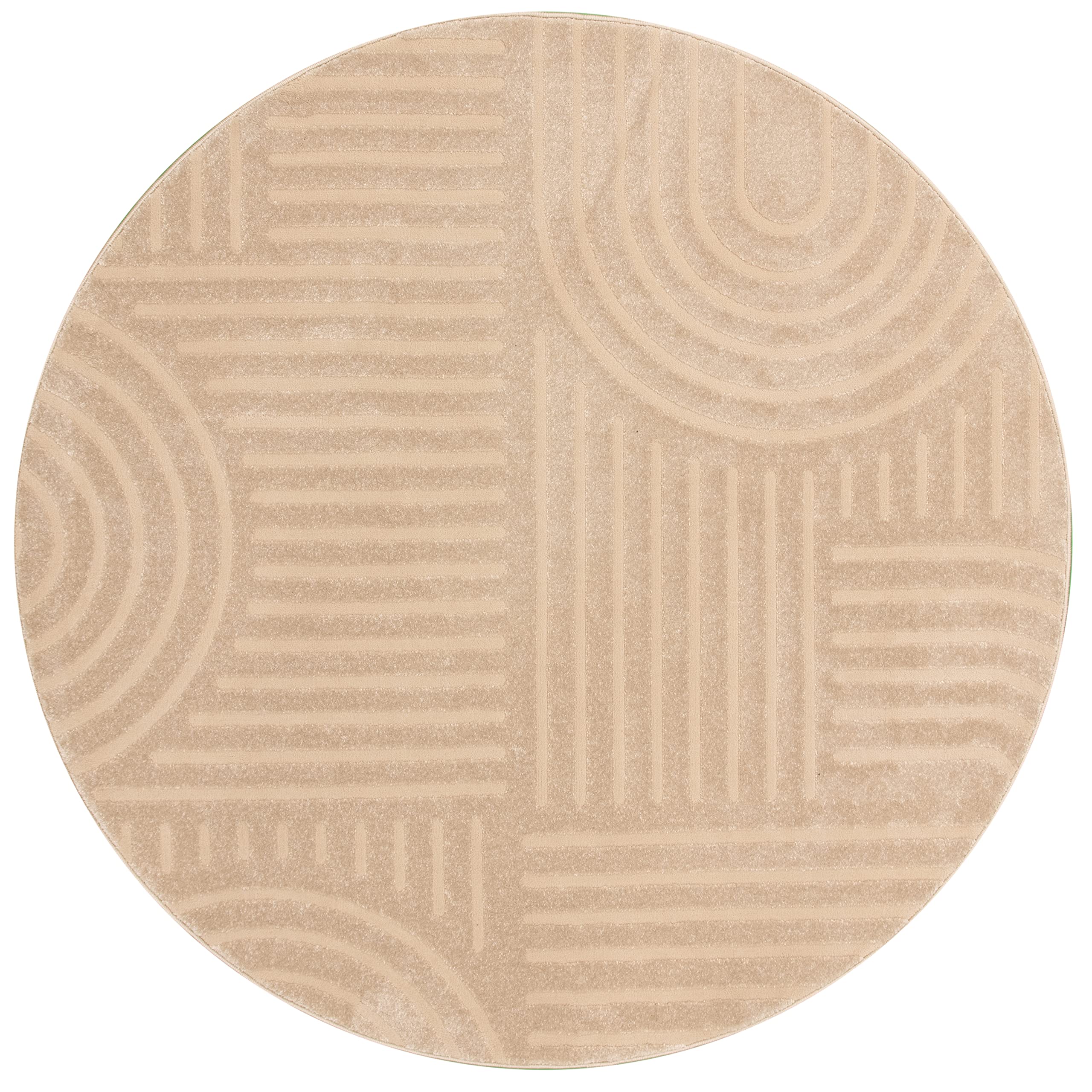 TESSO LIVING Tapis Rond 160cm Rond Beige – Poils Courts Boho Géométrique 3D Effet Oeko-Tex Doux Jute Salon Chambre Japonais