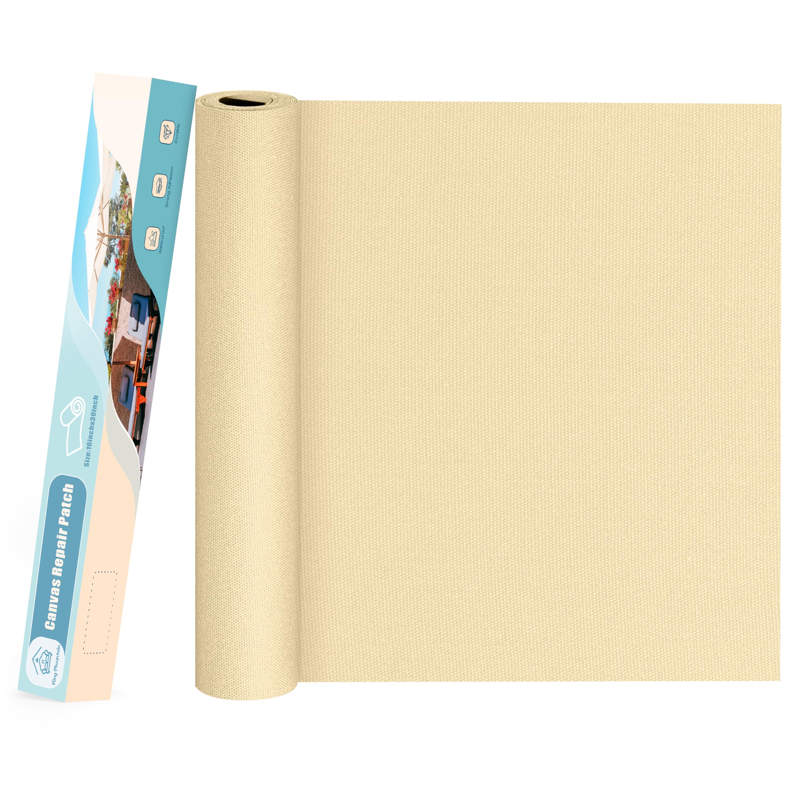 KING MOUNTAIN Canvas Repair Patch 16×30 Inch Self-Adhesive Waterproof Fabric Patch for Sofas, Tents, Furniture,Tote Bags, Car Seats (Beige)
