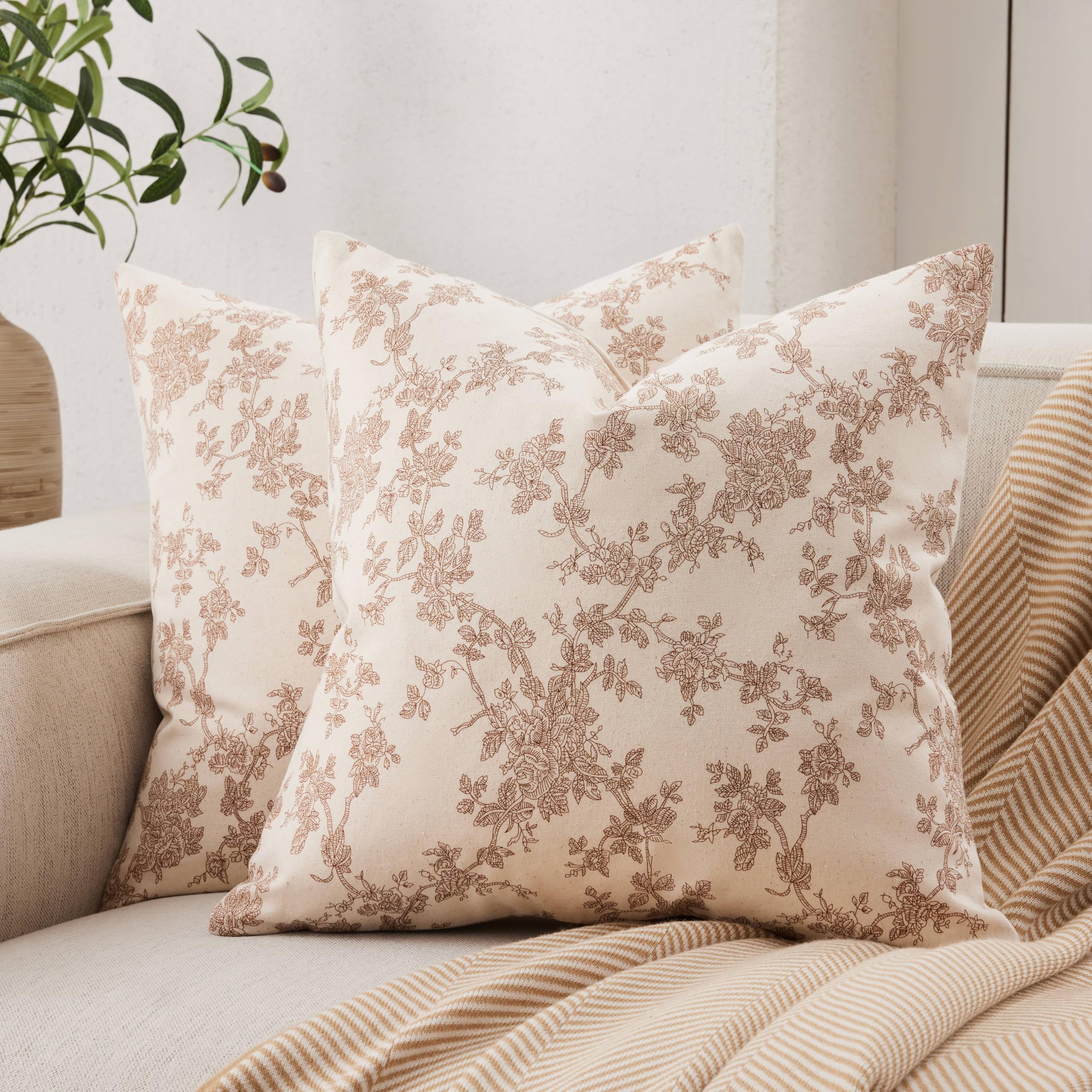 YZJZEDS 100% Cotton French Pastoral Throw Pillow Covers Set of 2, 22x22 Inch Brown Farmhouse Decorative Cushion Covers for Sofa Bed Living Room Home