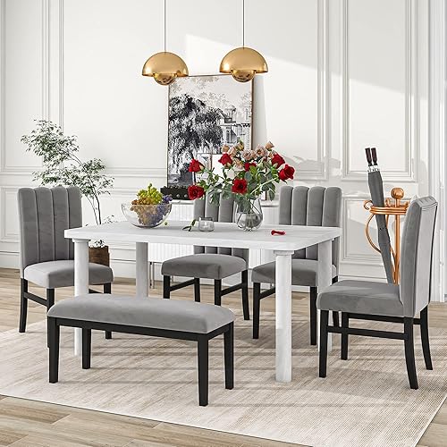 P PURLOVE Juego de mesa de comedor de 6 piezas estilo mármol sintético, mesa de chapa de mármol con 4 sillas de comedor tapizadas de franela y un