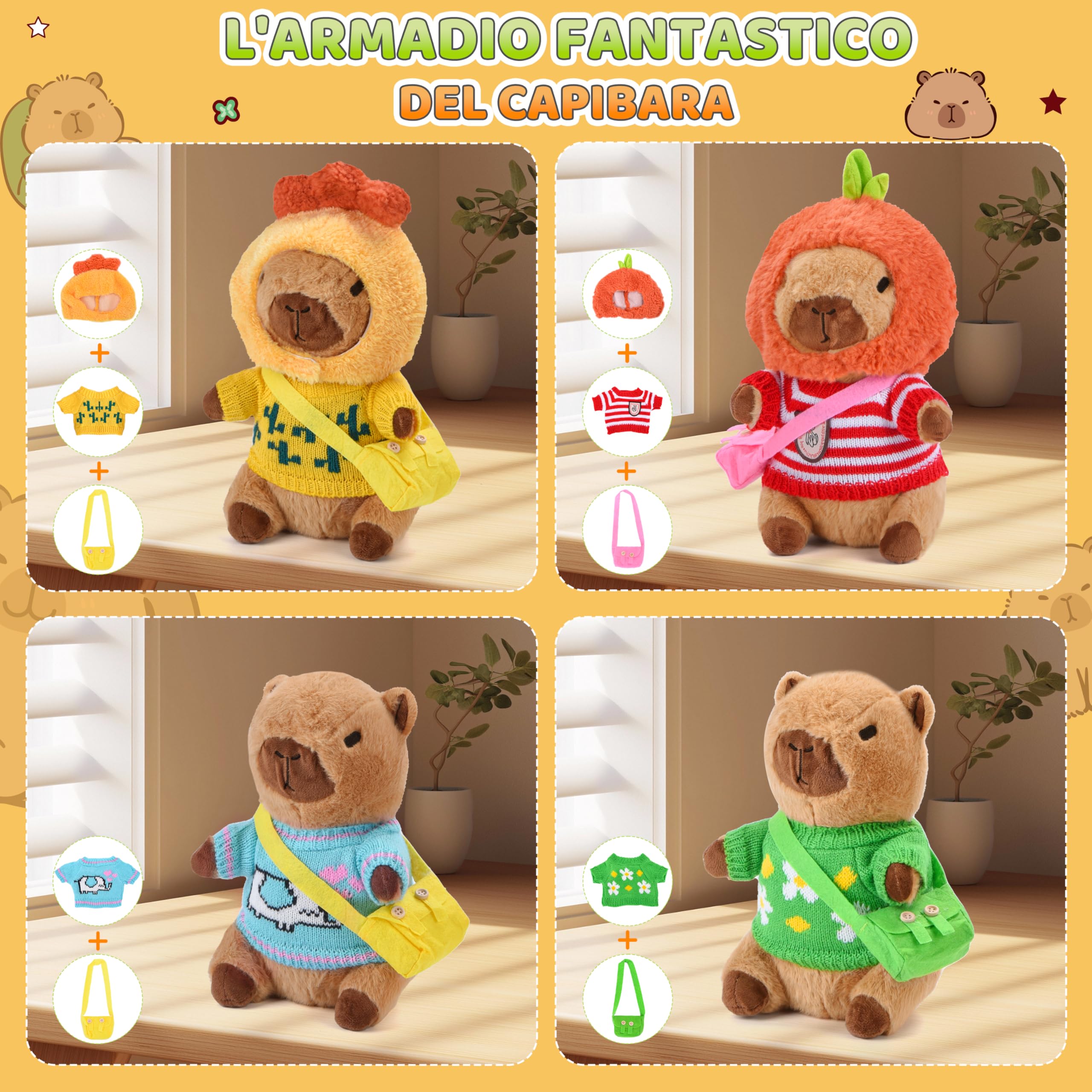 Charmofun Capibara Peluche, Peluche Capibara con Vestiti e Accessori, Cuscino Capybara da 25cm, Simpatici Peluche Capybara, Simulazione Animale Giocattoli, Regalo per Ragazzi e Ragazze (Marrone)