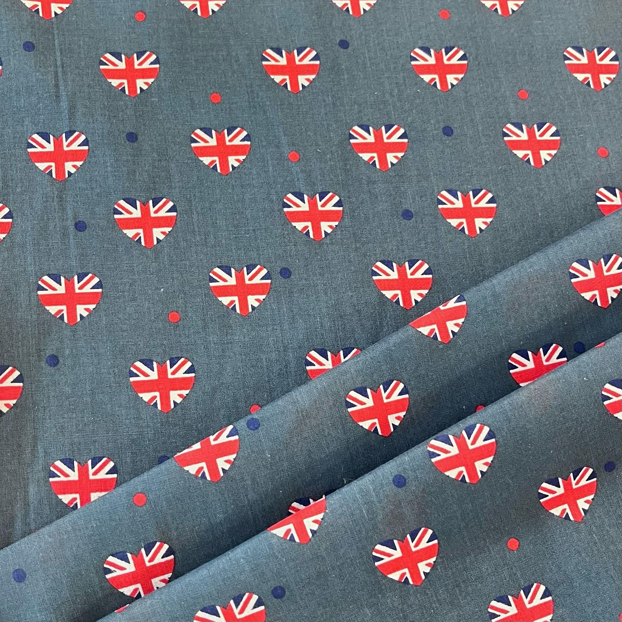Union Jack Hearts Print Polycotton Fabric, 2.5m x 112cm, Grey, VE Day Celebration Design