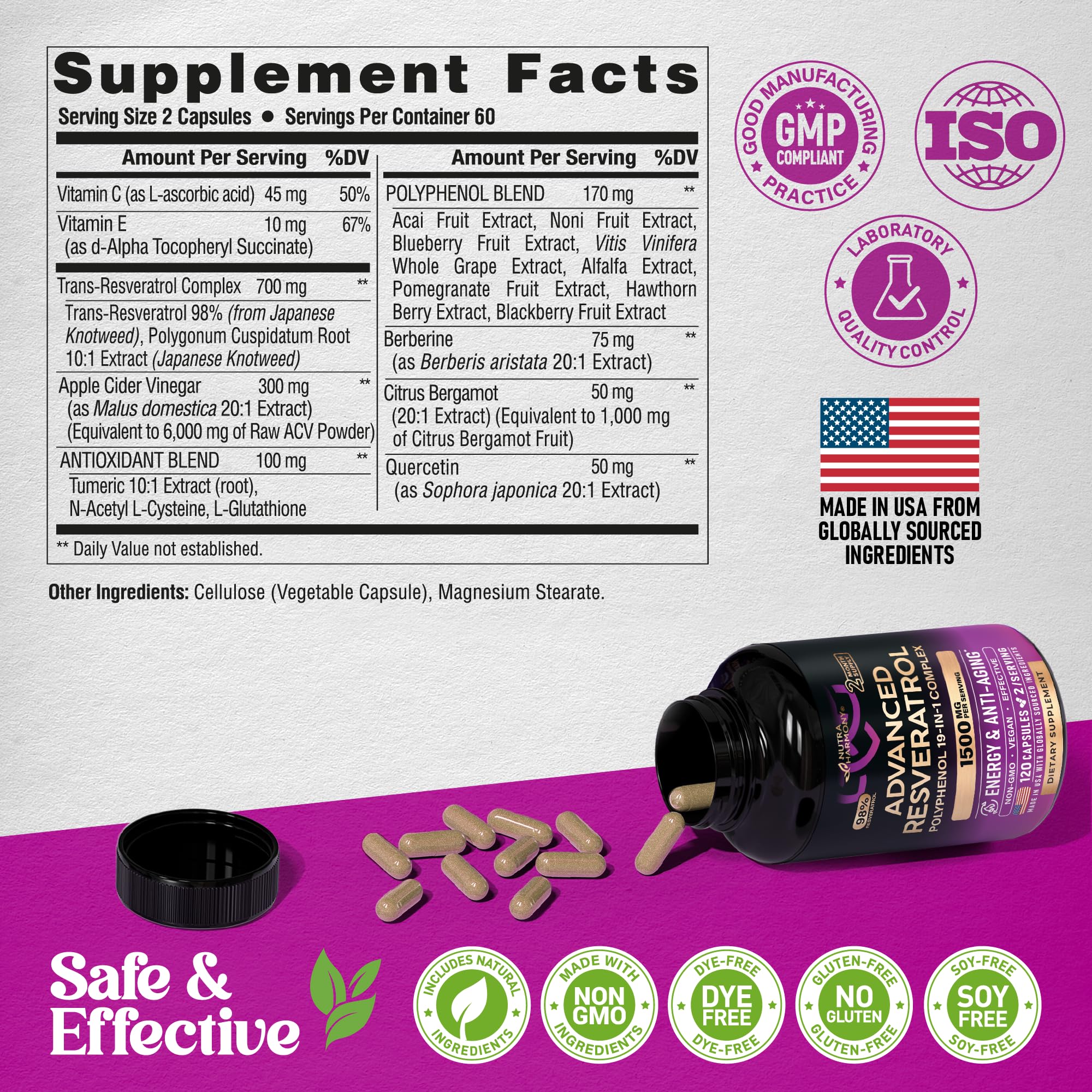 Resveratrol Supplement - 19-in-1 Organic Polyphenol Complex - Noni Extract | Berberine | Quercetin | Apple Cider Vinegar | Acai - Made in USA - Antioxidant & Heart Health Support - 120 Capsules