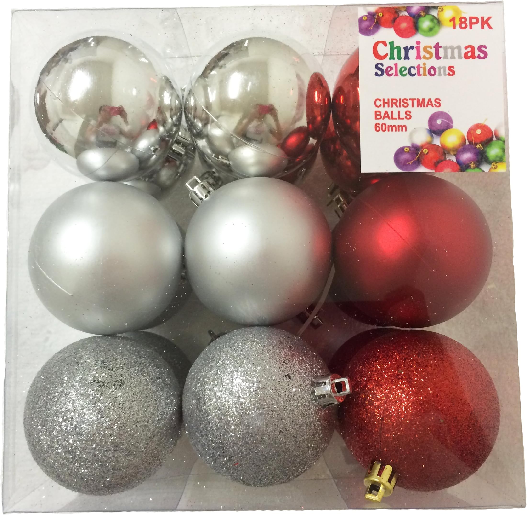 18PC 60mm Red & Silver Glittered, Shiny, and Matte Christmas Ball Ornament Set