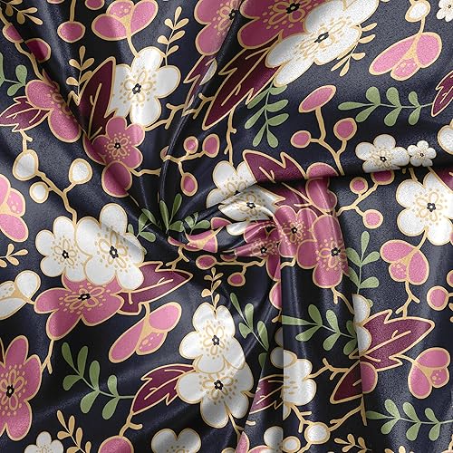 Miniatura 4 de Ambesonne Japanese Fabric by The Yard, Soft Spring Night Garden Pattern with Origins Rural Sakura Branches in Bloom, Decorative Satin Fabric for