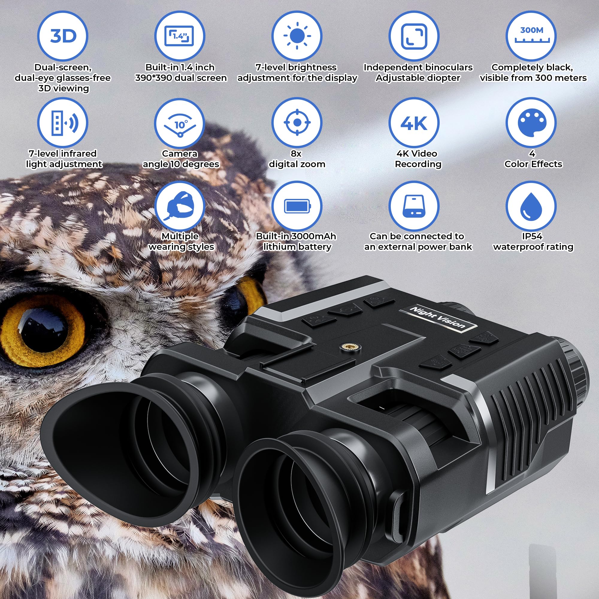 Lunettes de vision nocturne HD 3D à vision nocturne avec zoom numérique 8X 7 niveaux IR 3000 mAh pour la chasse, la sécurité et les activités de plein air