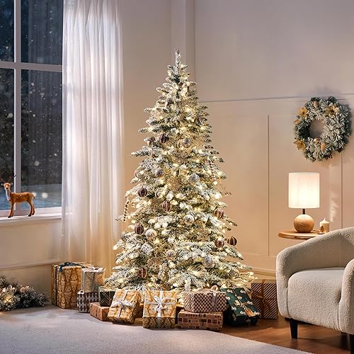 Yaheetech 6ft Pre-Lit Artificial Christmas Tree with 400 Warm White LED Lights & 940 PVC Tips,Hinged Snow Flocked Xmas Tree with Foldable Stand & Protective Foot Caps,Green & White