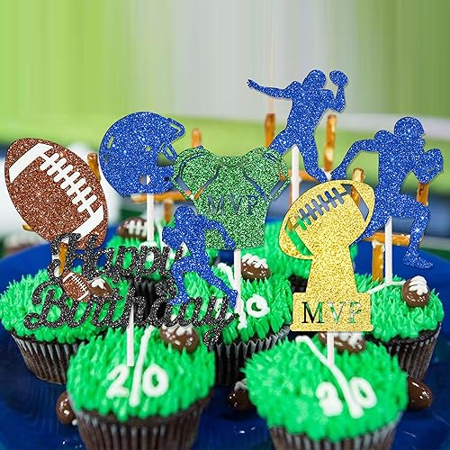 Miniatura 6 de 24 decoraciones de fiesta de fútbol con purpurina para cupcakes, decoración de fiesta de cumpleaños, decoración de pastel de rugby para jugadores de