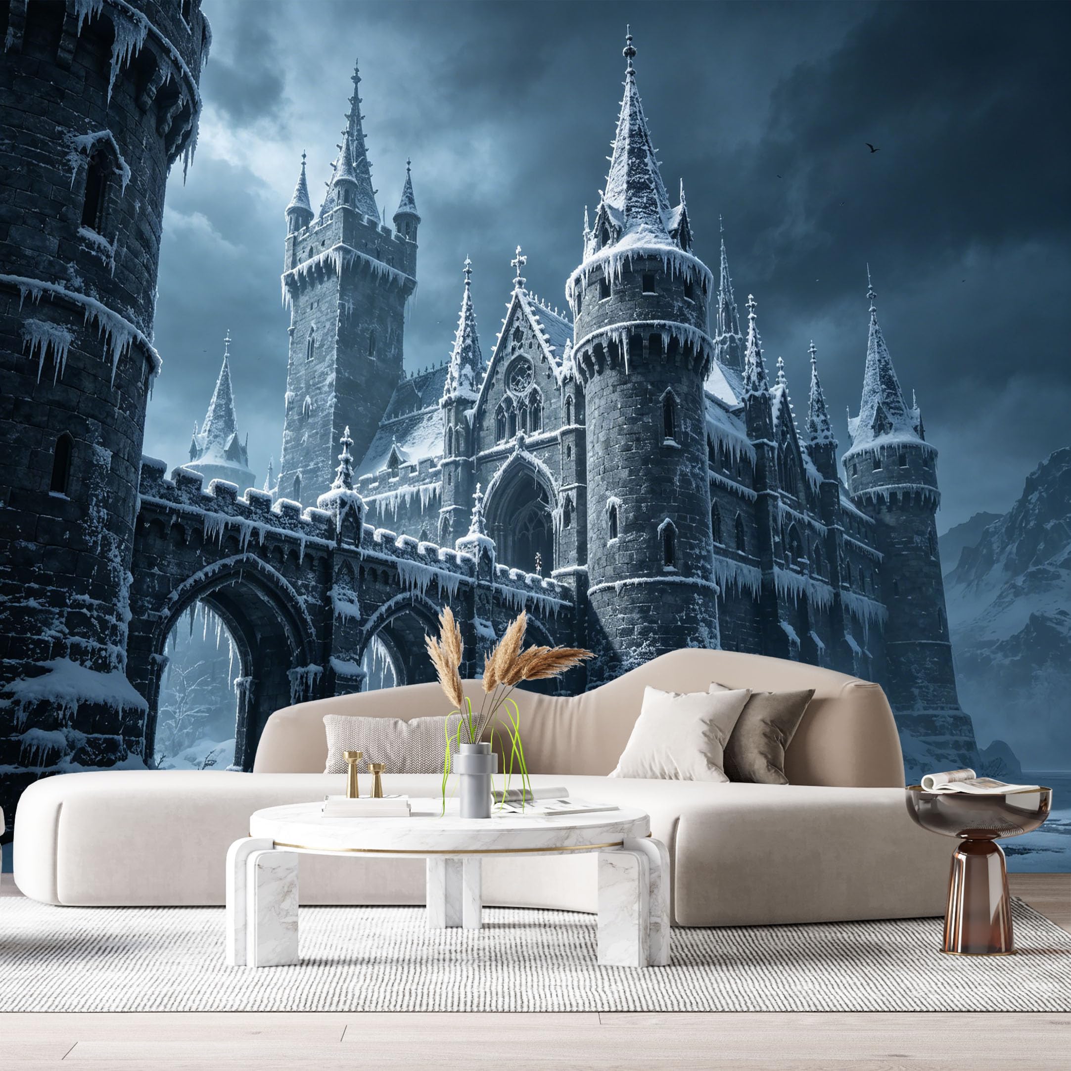 Custom Size Wall Murals Winter Frozen Castle Medieval Architecture 3D Trompe L'Oeil Snow Mountains Peaks SelfAdhesive Wall Fabric Removable Large Wallpaper for Living Room