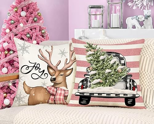 Miniatura 10 de 4TH Emotion Juego de 4 fundas de almohada navideñas de 18 x 18 pulgadas, decoración navideña de granja, muñeco de nieve, reno, eucalipto, camión,