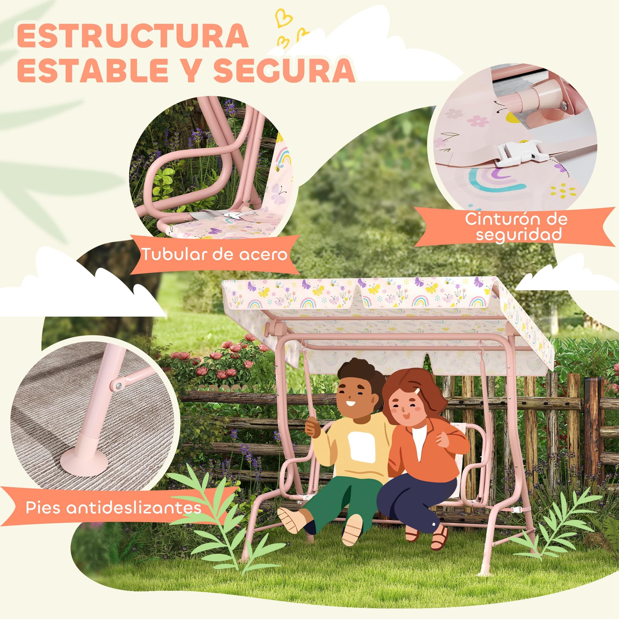 AIYAPLAY Balancelle de jardin extérieure pour enfants de plus de 3 ans avec auvent réglable harnais de sécurité et jolis motifs 112 x 75 x 120 cm Rose