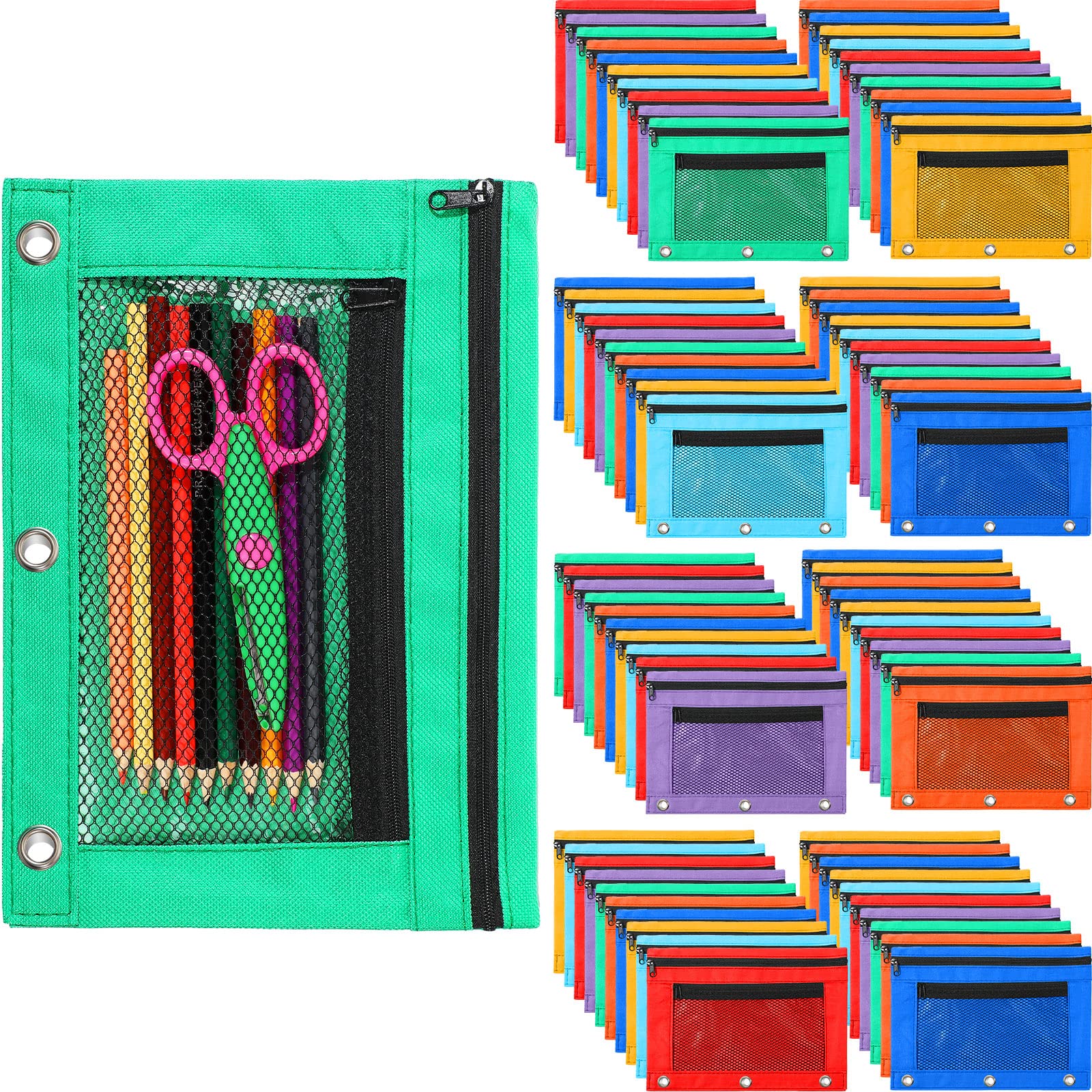 Zhehao 100 sacchetti con cerniera per raccoglitori a 3 anelli, con finestra, per matite e cancelleria per ufficio e scuola, 7 colori., Double Layer with Mesh Layer, Custodia