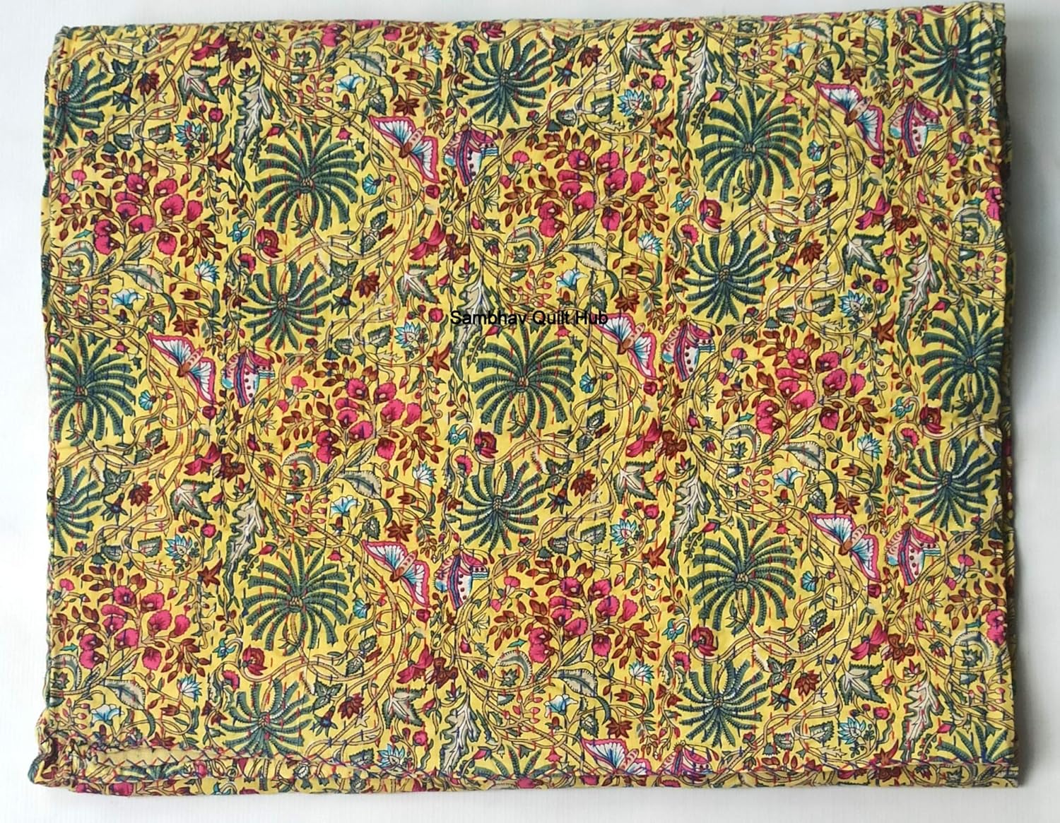 Queen Size Yellow Floral Patchwork Print Kantha Handblock Bird Kantha Home Decor Quilt Bedspread Boho Bedding Queen Size/King Size Bed Cover Kantha Quilt