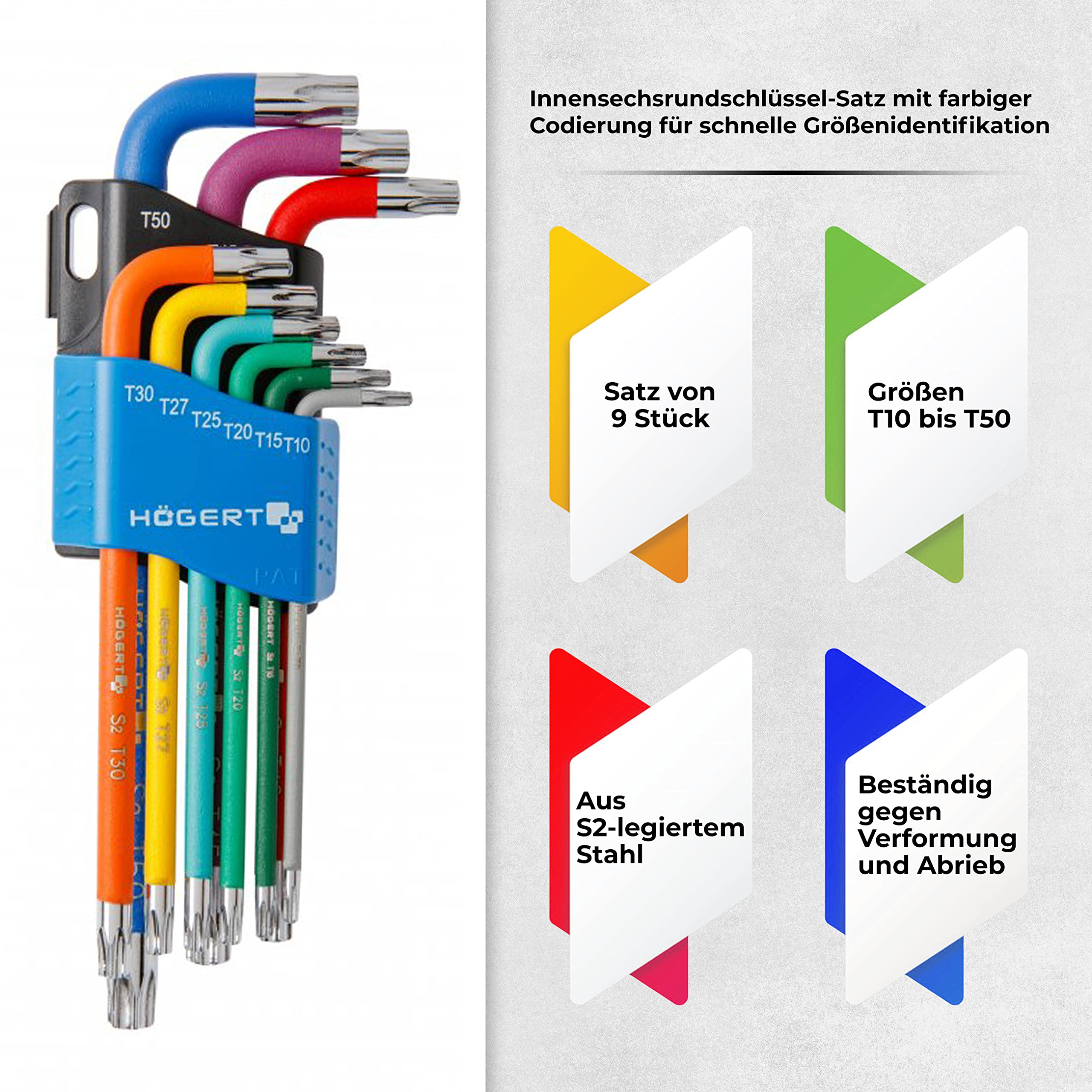 Jeu De Clés Torx Högert Technik 9 Pièces T10 à T50 - Acier Chrome-Vanadium - Pour Vis Torx