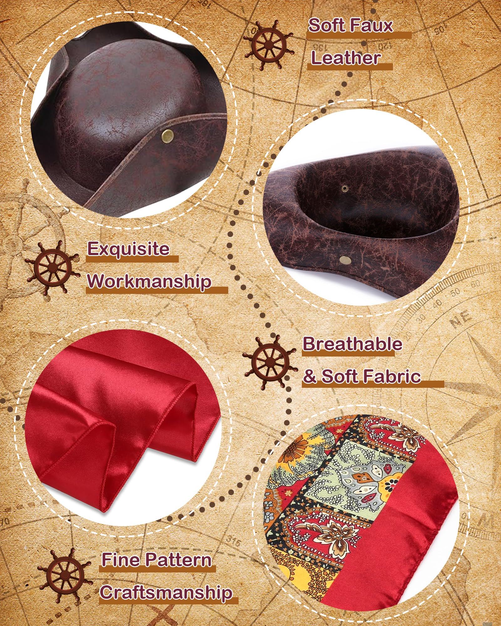 Bryndo 6 Pcs Pirate Costuem Set, Pirate Fancy Dress Kit for Party Supplies-Red - Image 3