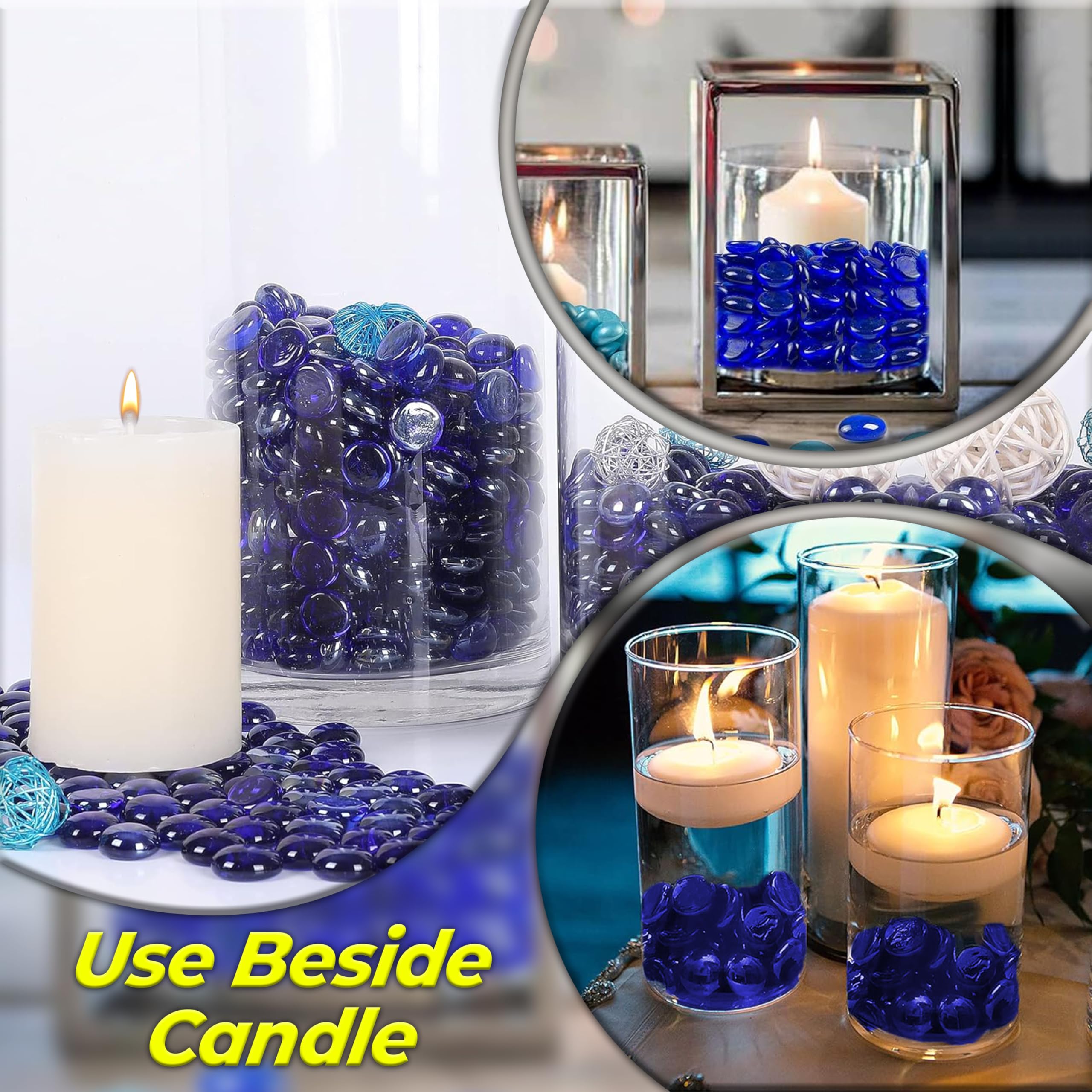 ARSUK 1LB de galets en verre plat bleu, perles pour vase de remplissage – Pierres précieuses en verre décoratives pour pierres de remplissage de vase, roches d’aquarium, loisirs créatifs, décoration