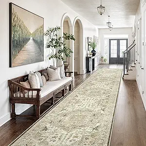 Madane Hallway Runner Rug 3x16 - Vintage Non Slip Washable 16ft Kitchen Runner for Entrance Soft Long Carpet Runners for Living Room Bathroom Low Pile Floor Mat for Bedroom Dining Room, Ivory/Brown