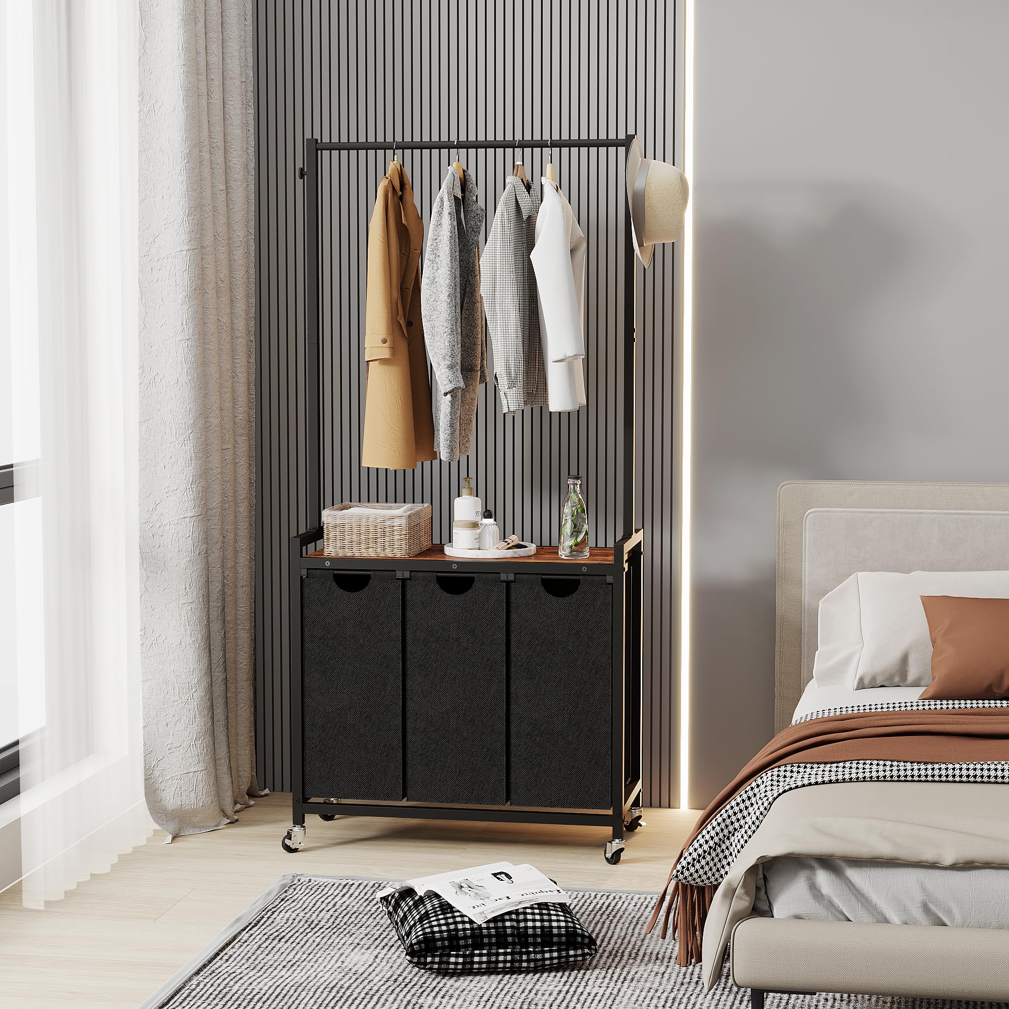 Wäschesortierer Mit 3 Abnehmbaren Säcken & Rollen – Beige, Platzsparend & Praktisch