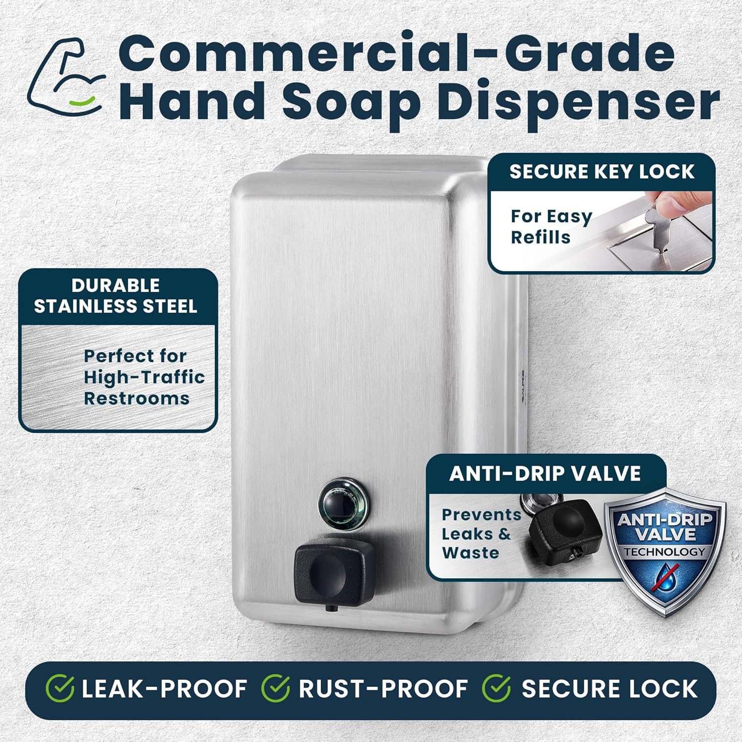 Alpine Stainless Steel Soap Dispenser Wall Mount - Commercial Liquid Wall Soap Dispenser for Bathroom, Kitchen, Refillable 1200 ml Large ADA Compliant (Vertical)