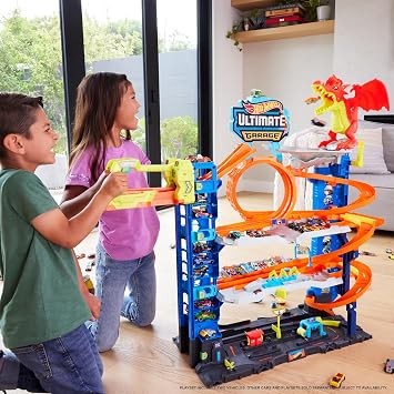 Bundle of Hot Wheels City Ultimate Garage Track Set with 2 Toy Cars & Car-Eating Dragon, Stores 50+ Vehicles, 4 Levels + Hot Wheels Set of 10 Toy Trucks and Cars, Styles May Vary