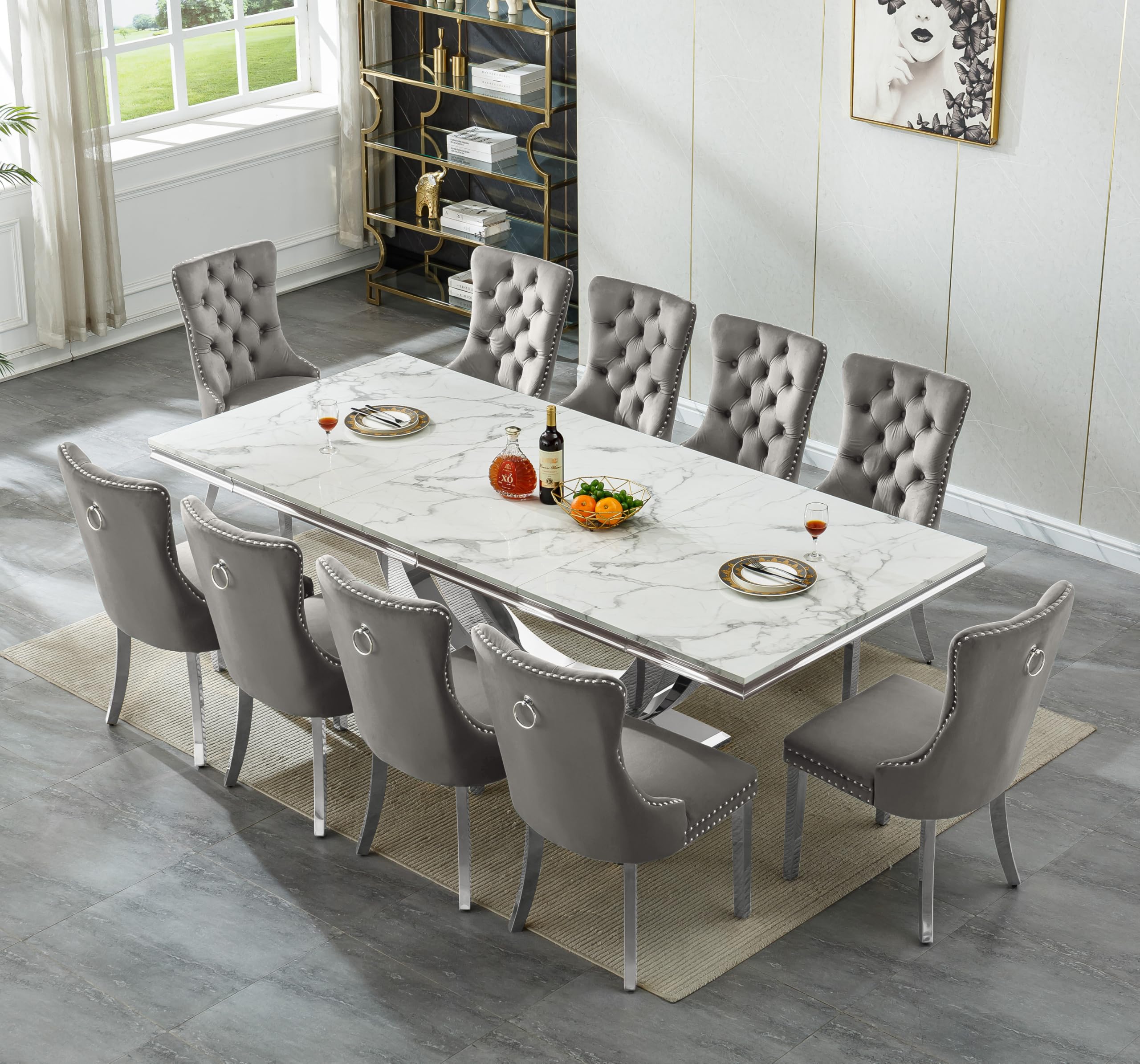 94.5" Large Marble Dining Table Set for 10, Luxury White Silver Kitchen Table with 10 Grey Velvet Dining Chairs, Modern Fuax Marble 11-Piece Dining Room Table Set for 10 w/Stainless Steel U-Base