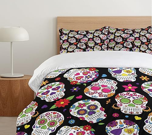 Miniatura 5 de Ambesonne Juego de funda de edredón de calavera de azúcar, diseño de cementerio mexicano sobre fondo negro, juego de ropa de cama decorativo de 2
