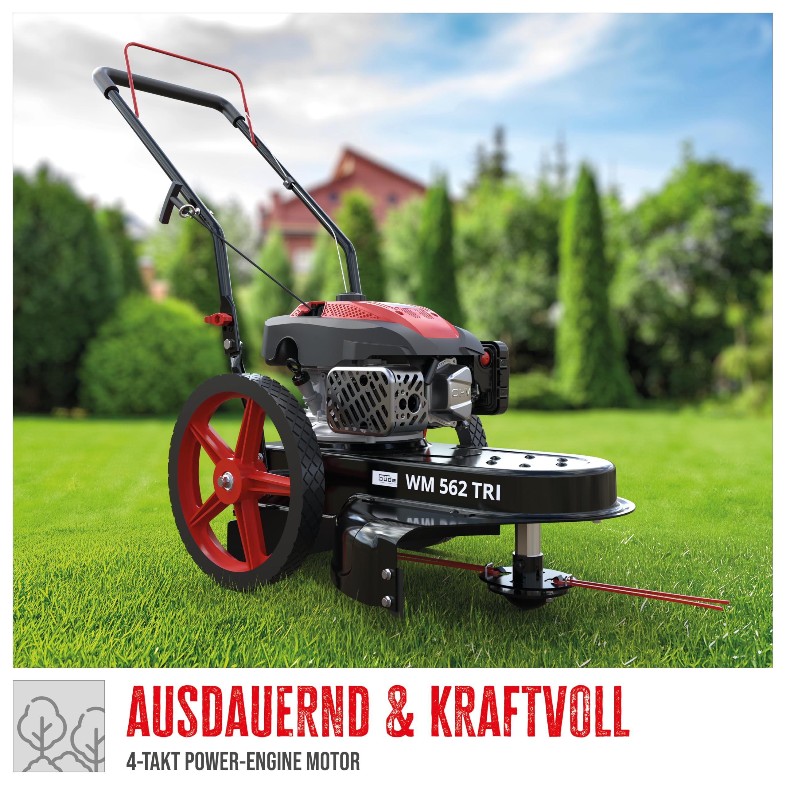 Güde Wiesenmäher WM 562 TRI (4-Takt Power-Engine Motor 3,0/4,0 (kW/PS), 170 cm³ Hubraum, Schnittbreite 56 cm, Schnitthöhe 35-95 mm, 4 mm Doppelfaden, höhenverstb. Fahrbügel, inkl. 4 Ersatzfäden)