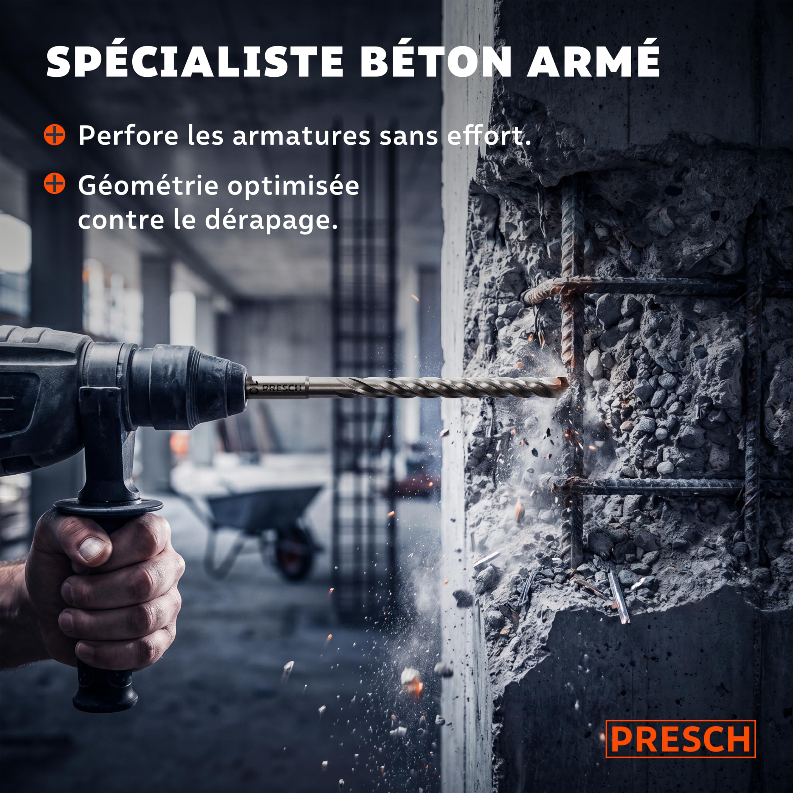 PRESCH Forets Béton SDS plus 10mm (10 pcs) – Mèche béton armé et pierre à 4 taillants carbure – Indicateur de profondeur de perçage – Foret SDS Plus robuste pour granit, brique et maçonnerie