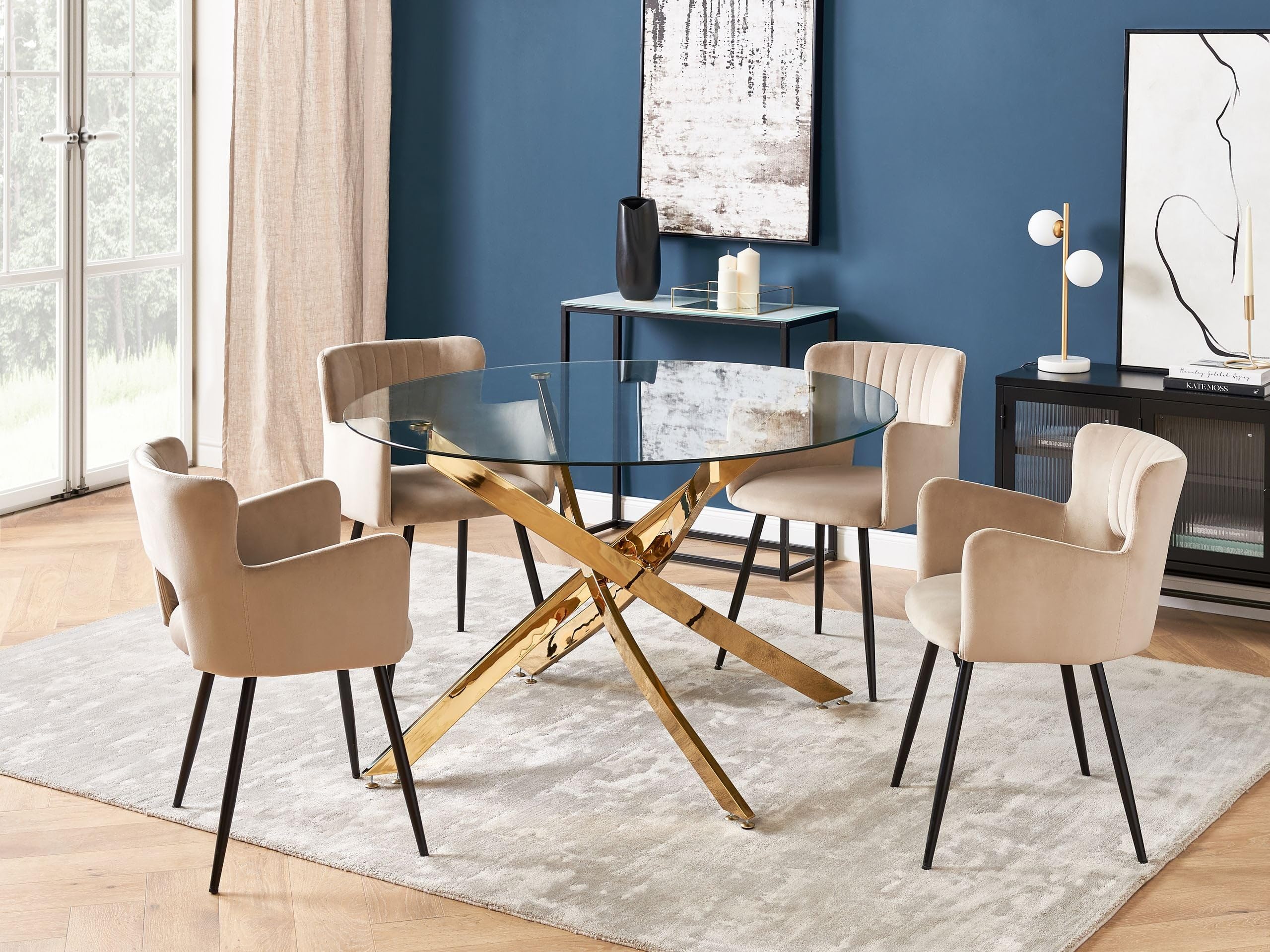 Beliani Mesa de Comedor Redonda Glamour ⌀120 cm Tablero de Vidrio Templado Patas Doradas Maramo