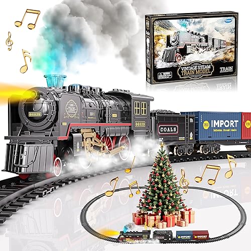 Funwee Juego de tren para debajo del árbol de Navidad, juguete de tren eléctrico con humo, luces y sonido, modelo de tren de locomotora con pista,