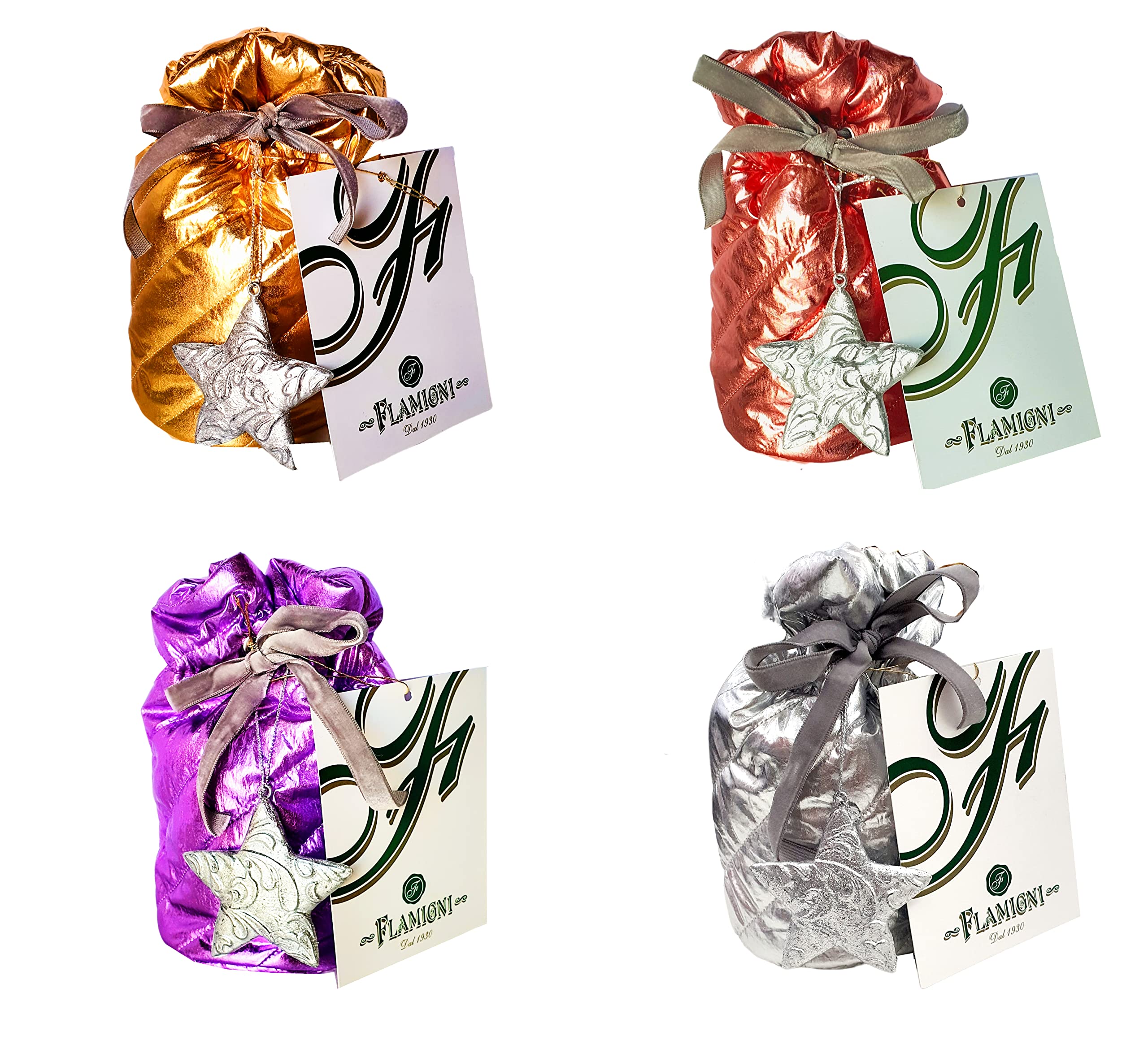 Mini Panettone Cake with Chocolate Drops | Flamigni 1930 | Luxury Fabric Gift Mini Bag with Star Pendant Assorted Colors | 80gr