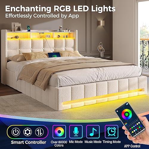 Miniatura 4 de Rolanstar Marco de cama tamaño completo con almacenamiento elevable, estación de carga y luces LED, cabecera tapizada con almacenamiento, listones