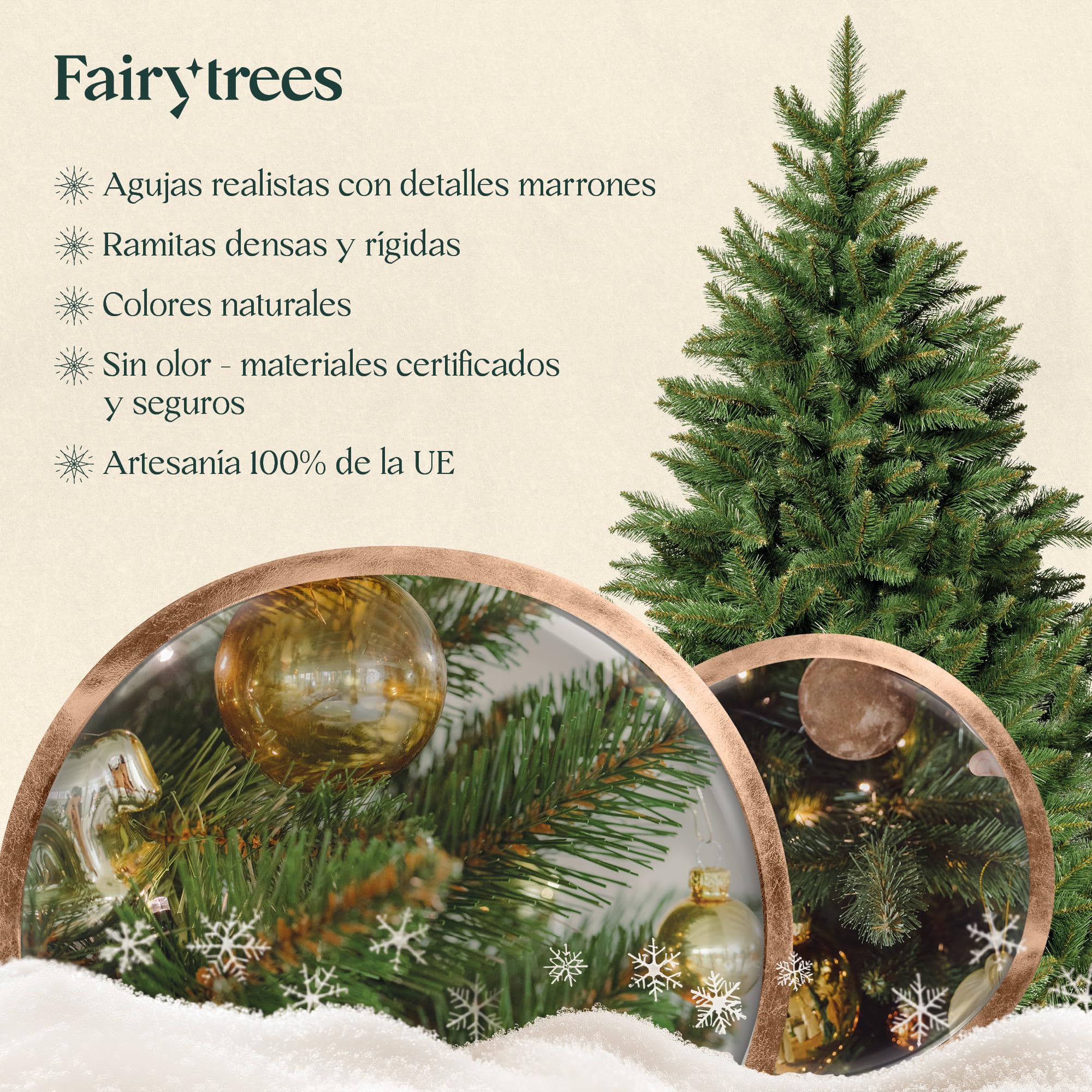 FairyTrees Árbol Artificial de Navidad Abeto Nordmann, Tronco Verde, Soporte de Madera, 180cm, FT14-180