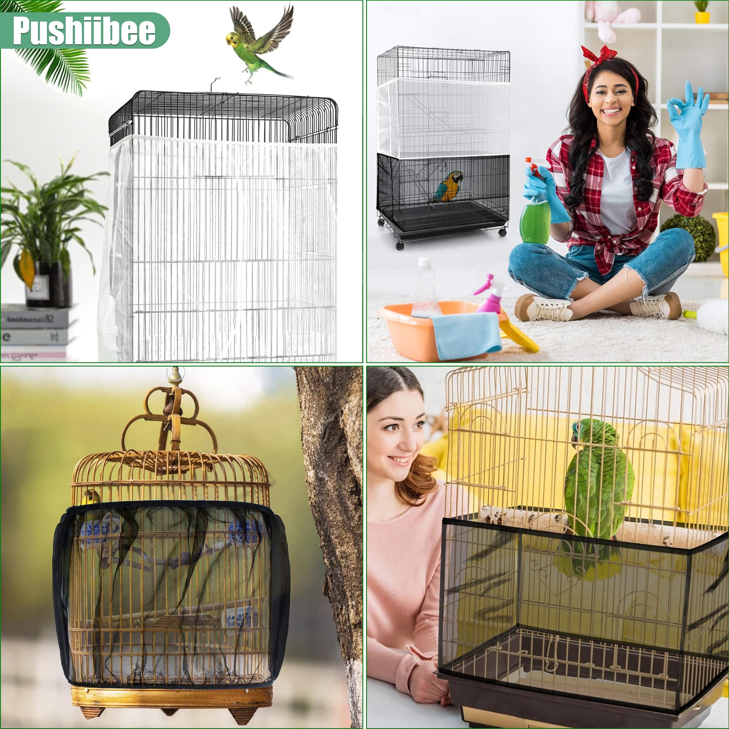 Copertura Gabbia Per Uccelli, 4 Pezzi Raccoglisemi Per Gabbia con Velcro, 2 Misure Rete In Nylon Riutilizzabile Per Pappagalli Copri Gabbia Per Gabbie Rotonde e Quadrate