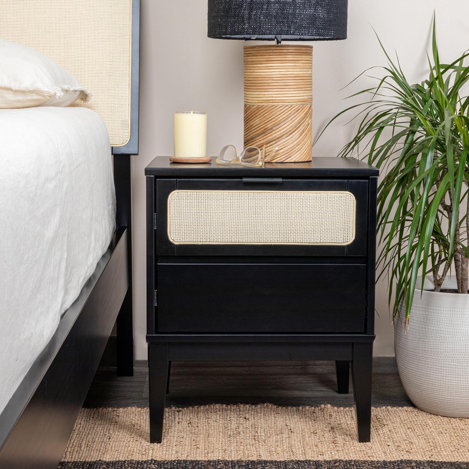 Creative Co-Op Crawford 2 Storage Drawers Woven Cane Detail, Stain Finish Nightstand, Black and Natural