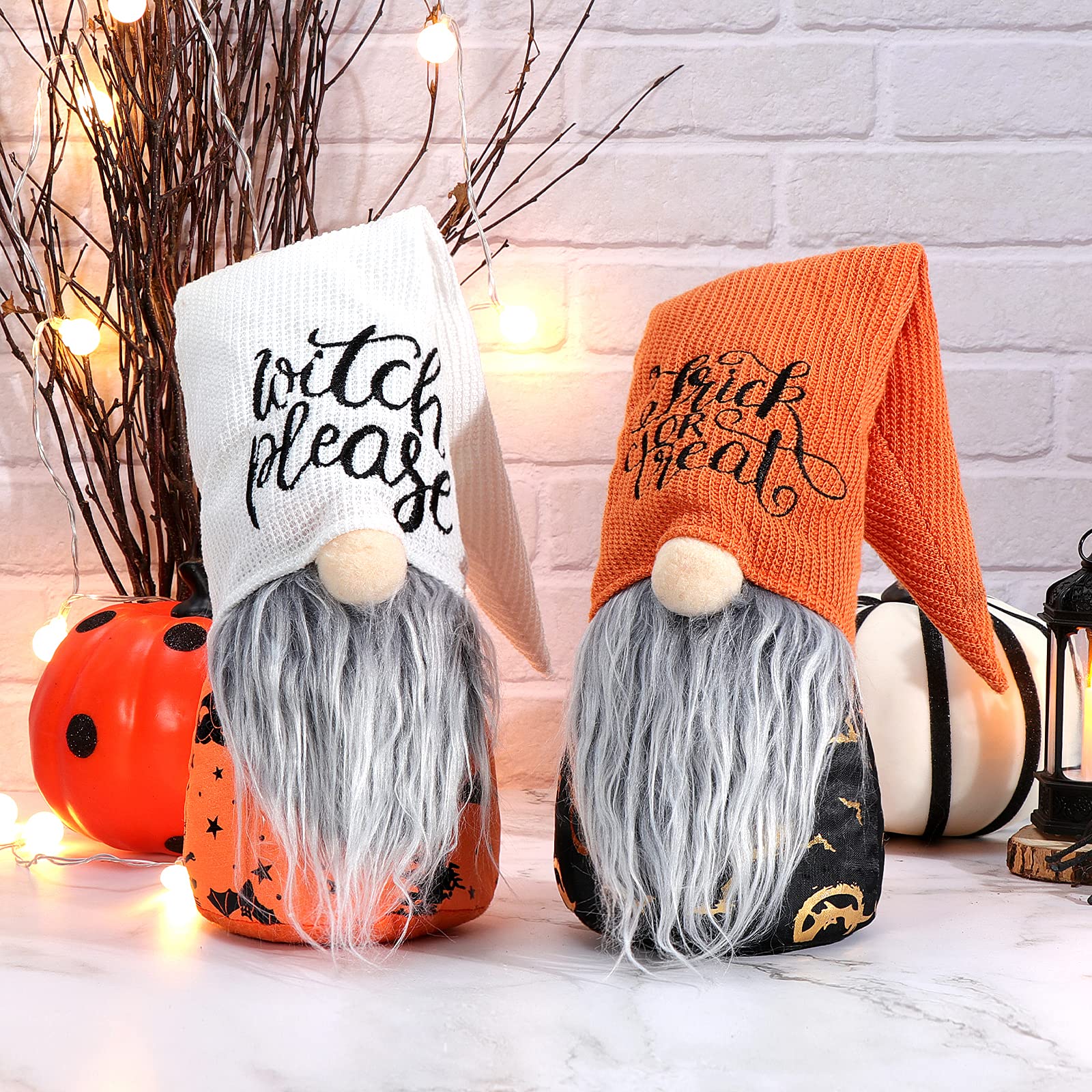 GMOEGEFT Set of 2 Halloween Gnome Plush, Witch Please & Trick Or Treat Pattern Swedish Tomte Scandinavian Witch Gnome Elf Nisse Halloween Decoration Gift