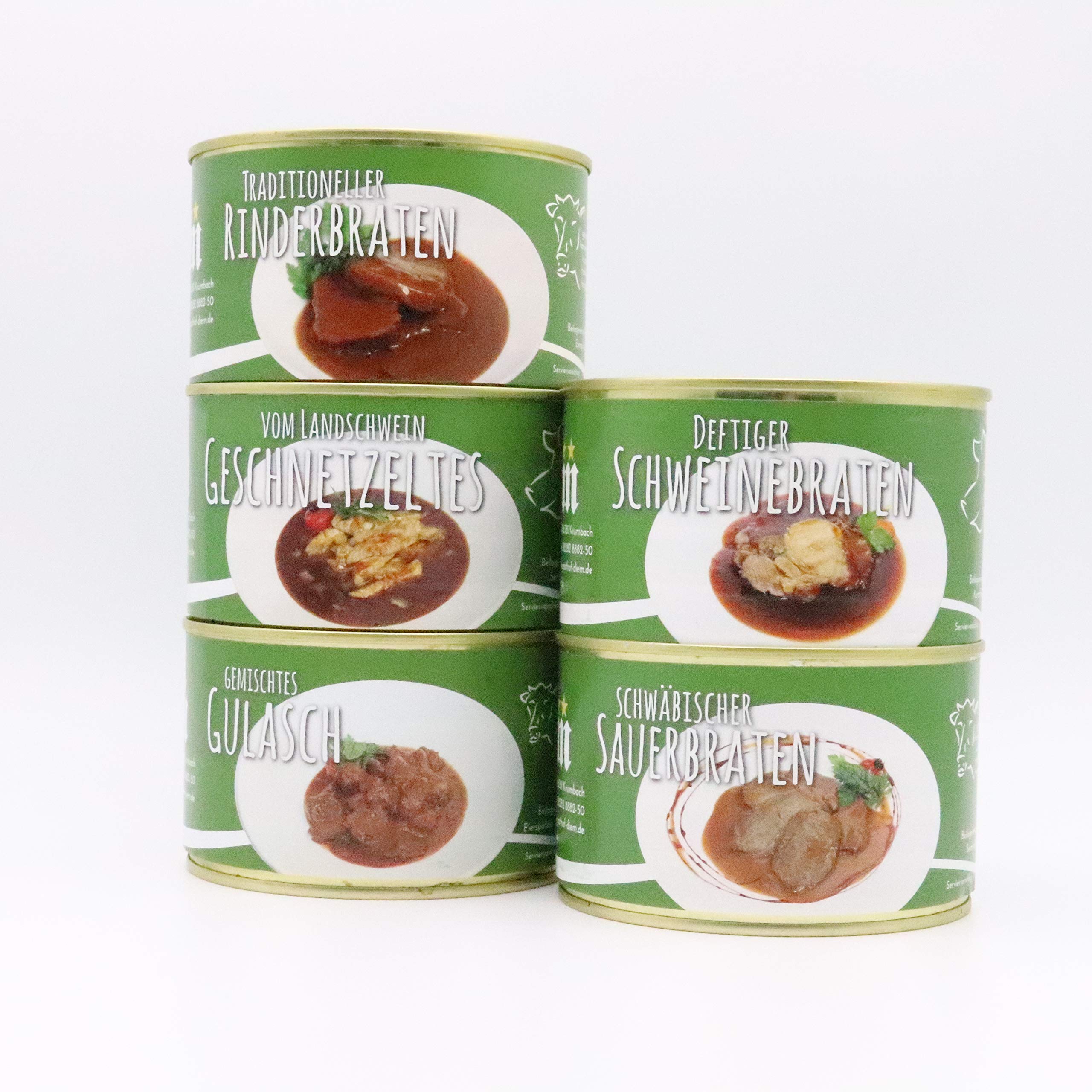 Konserven Probier Paket DIEM (smażenie wołowiny, gulasz, smażenie na kwannie, pieczenie wieprzowe, namioty z siatki na świnie) 5 x 400 g konserwa – pakiet pieczeń