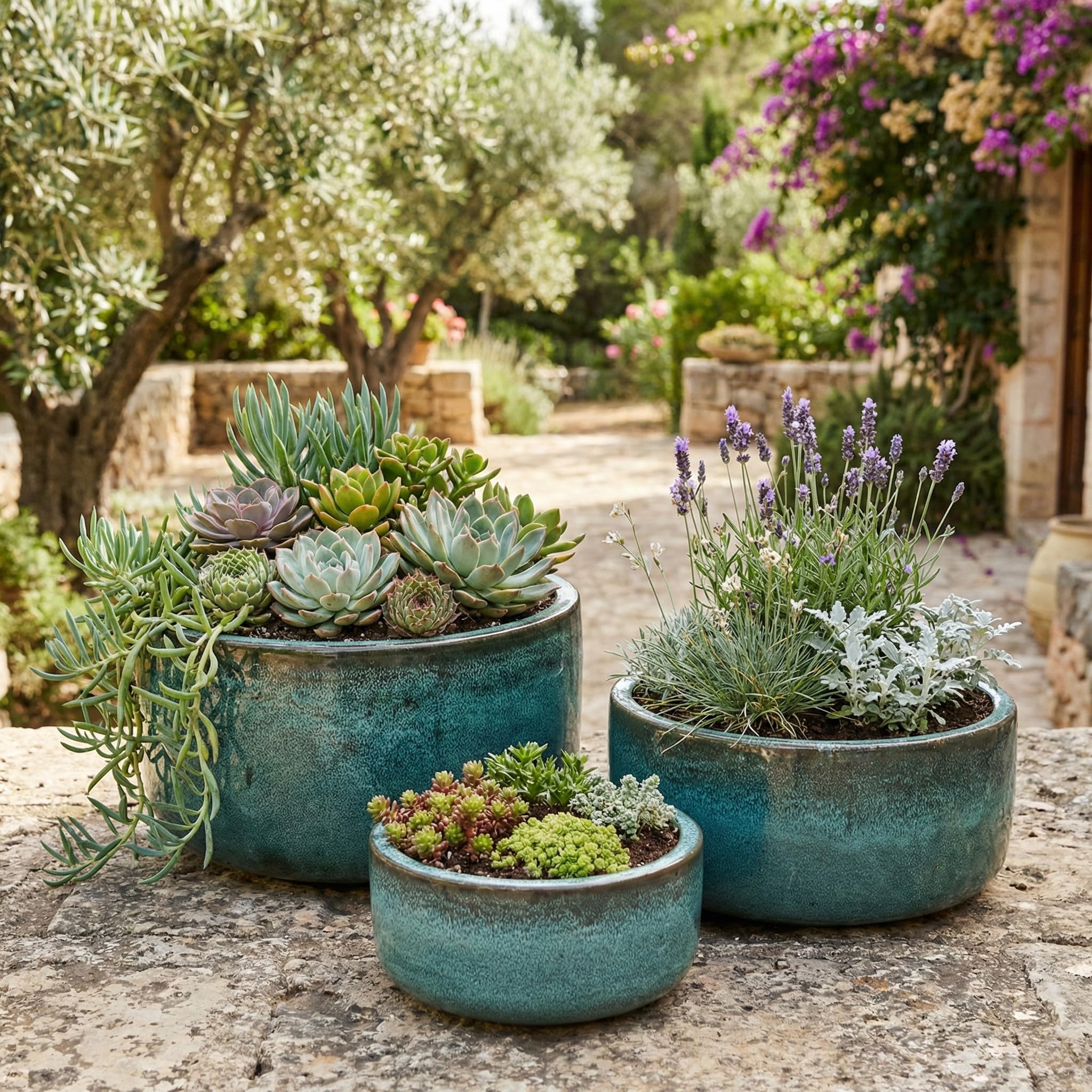 Teramico Vaso per piante in ceramica resistente al gelo, rotondo, fatto a mano, per esterni, balcone e terrazza, con foro per pavimento (verde muschio, Ø 38 x 20 cm)