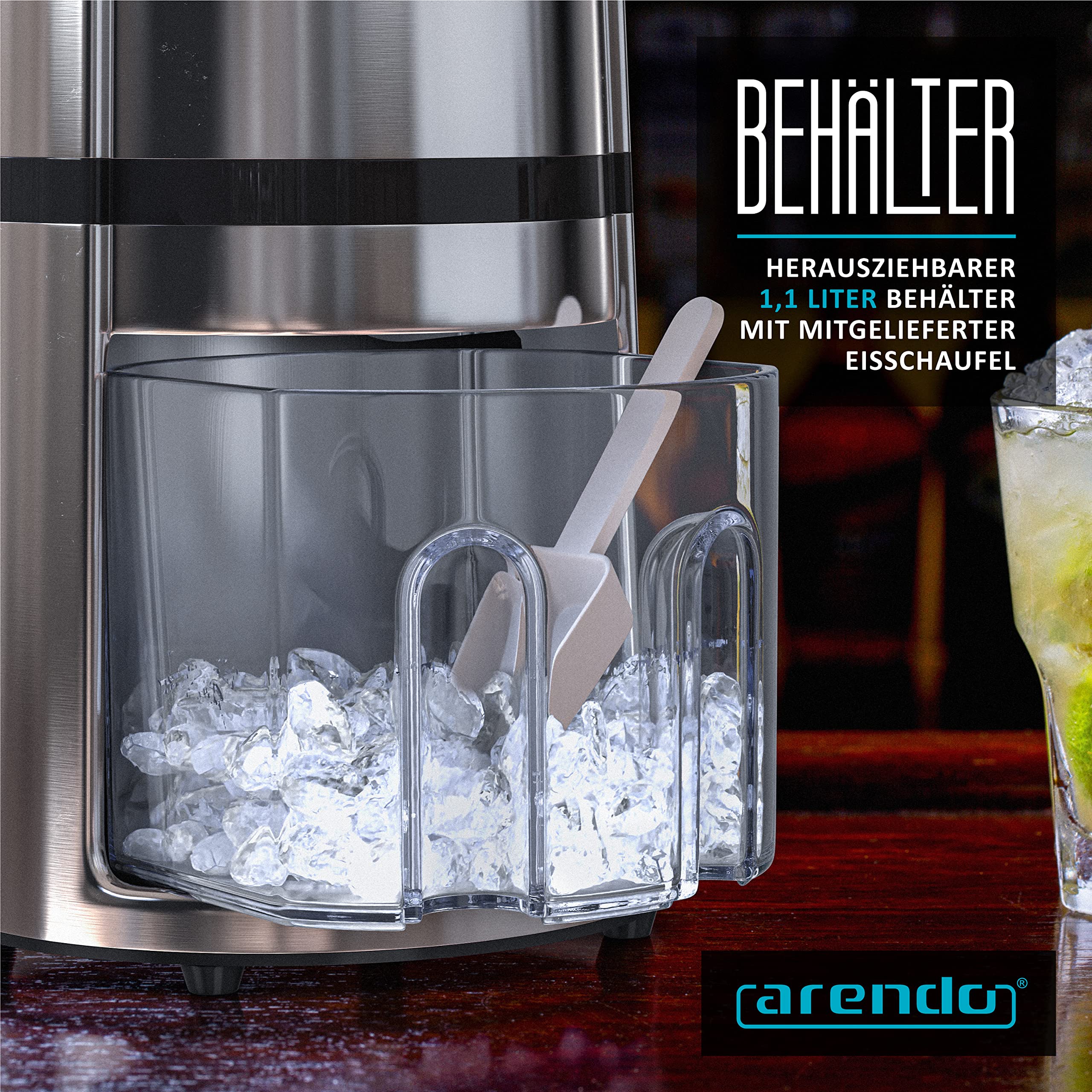 Arendo - Eismaschine Edelstahl - Ice Crusher manuell – Eiszerkleinerer – Eiscrusher zum Kühlen und Frischhalten – Slushy Maker Eis Zerkleinerer – Auffangbehälter entnehmbar – Chrom Optik