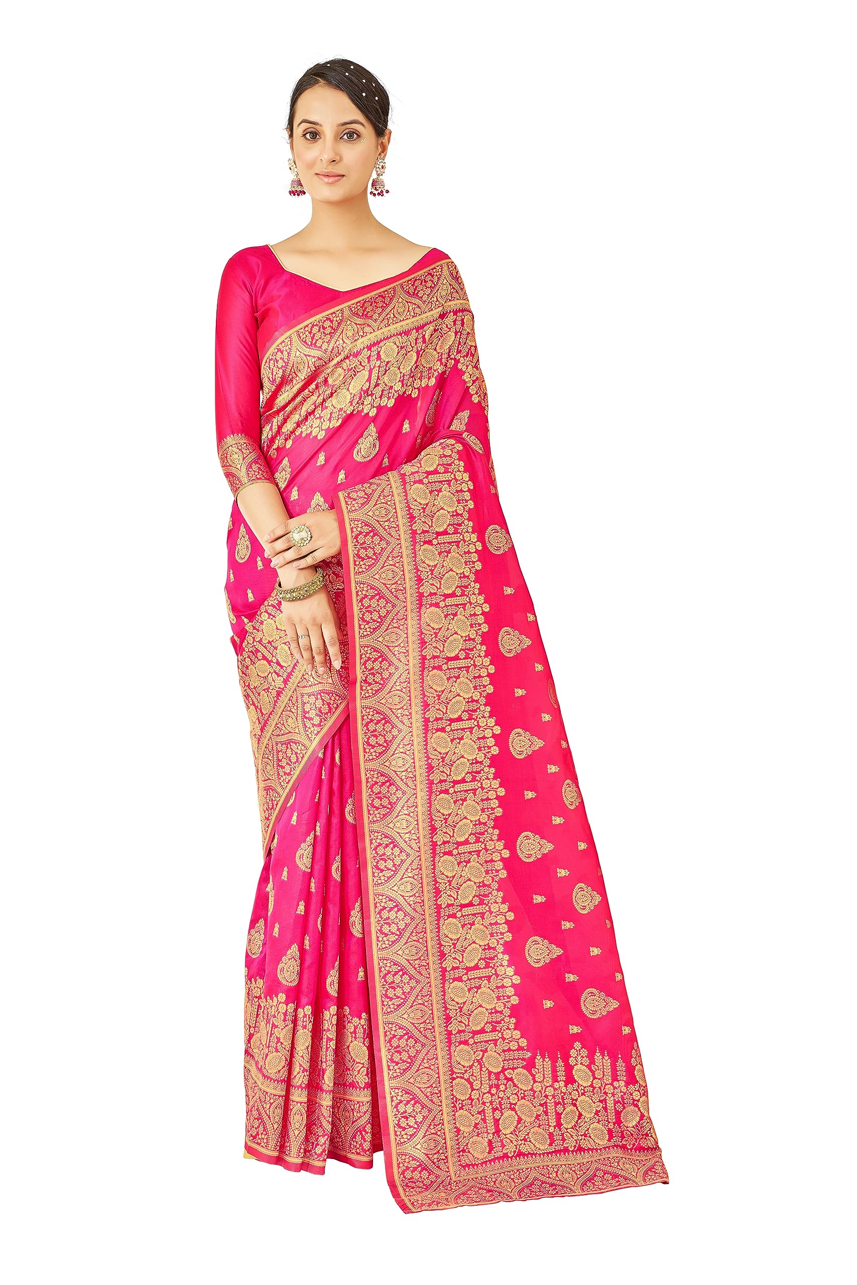 Glory Sarees Womens Banarasi Silk Saree With Blouse Piece (Kalamkari101_Pink)