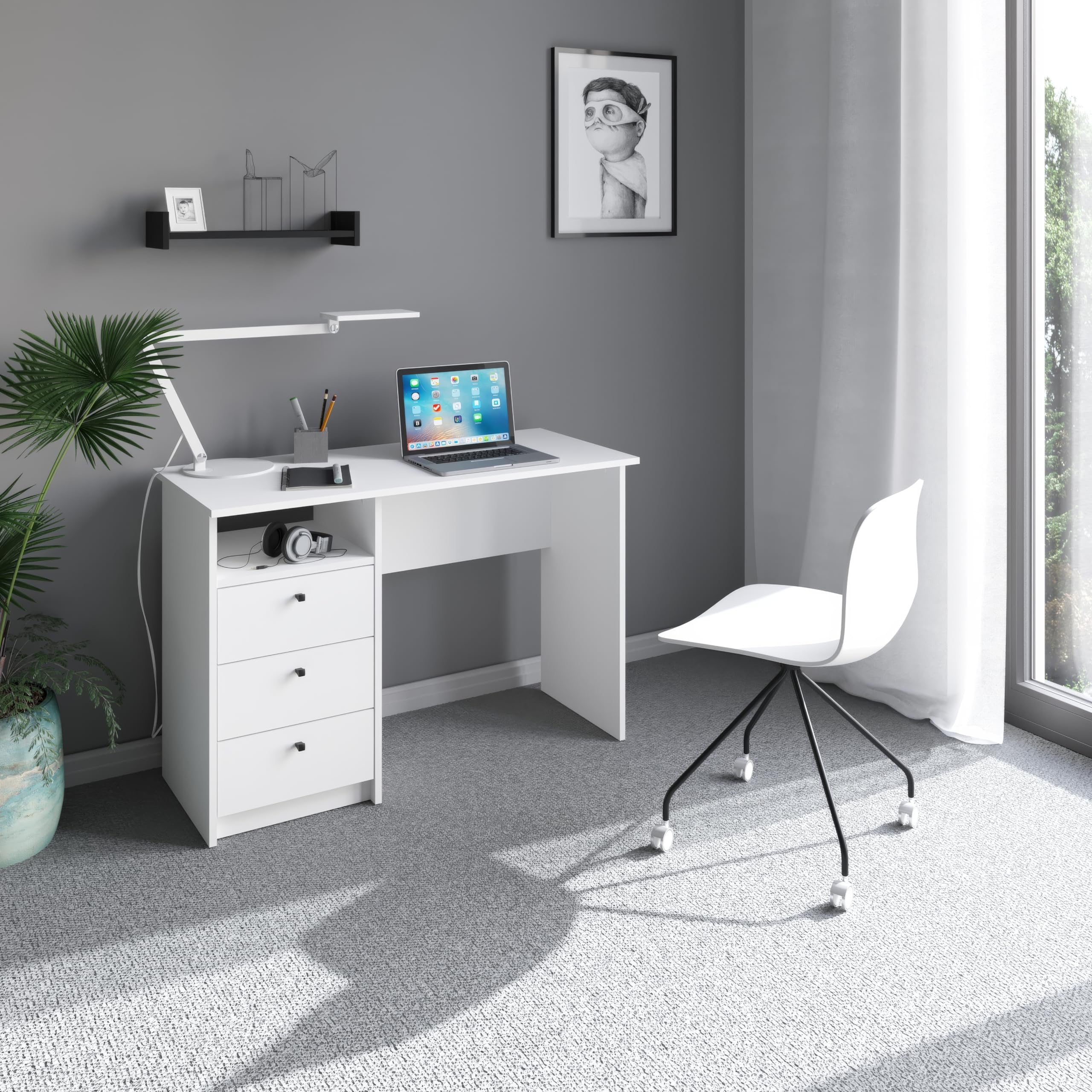 KOMTO Oslo - Scrivania con cassetti, scrivania da ufficio, piccolo tavolo da lavoro, scrivania per bambini, con spazio di archiviazione, colore bianco, 110 x 50 x 74 cm
