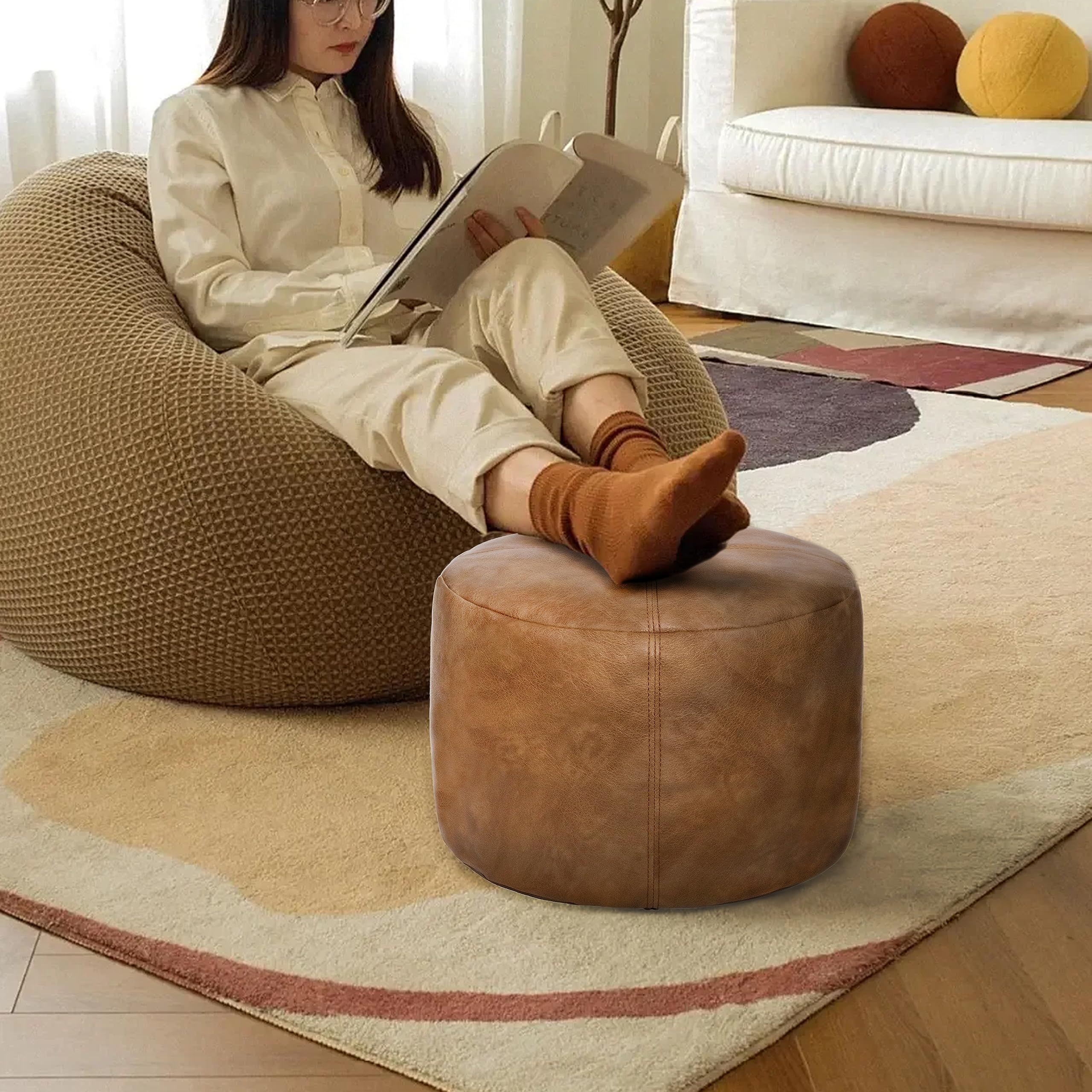 Poufs And Stools - Cotton Knitted Pouffe & Footstool Round Large Chunky Ottoman