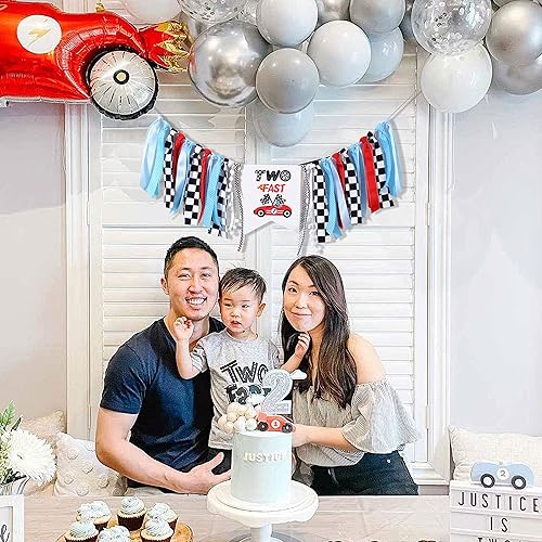 Miniatura 5 de YESSWL Cartel para silla alta de cumpleaños de dos veloz  2 decoraciones de cumpleaños rápido, bandera roja retro de carreras a cuadros, dos