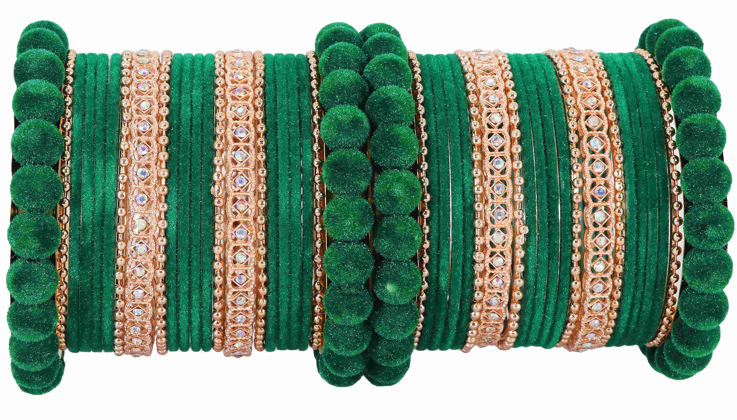 NMII Rose Gold Metal Velvet Bangles Chuda Set For Women & Girls with American Diamond & BallChain| Bangles For Women | Chura set for bridal | Pearls Chuda Set | Chuda Set-(F189-Green-2.6) (B0CZJMLLM5) Amazon Price History, Amazon Price Tracker