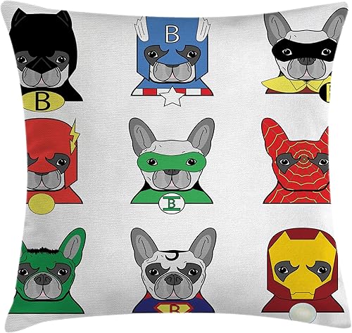 Ambesonne Funda de cojín de superhéroe, diseño de cachorros disfrazados de dibujos animados de bulldog con estampado, funda de almohada cuadrada