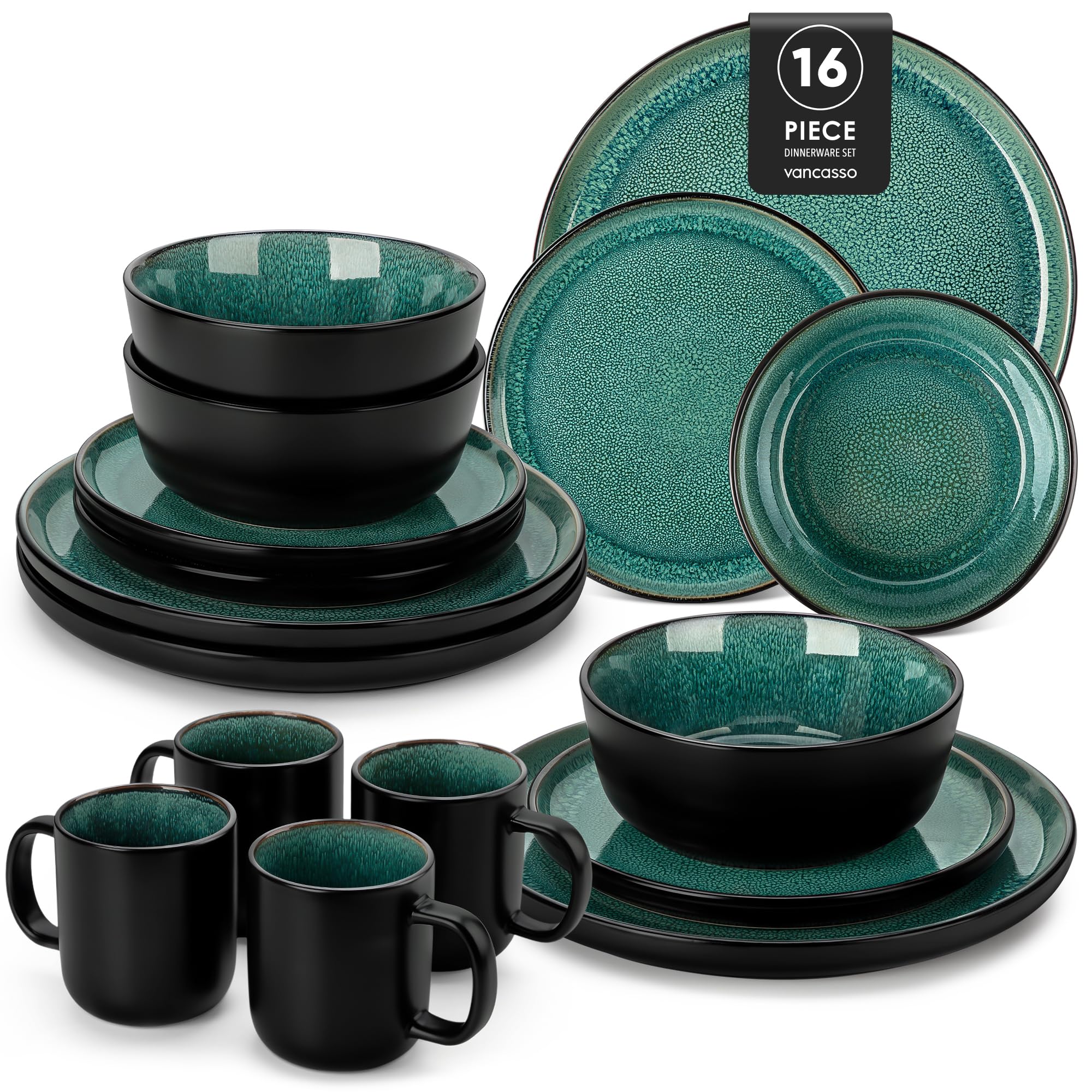 vancasso Playa Dinner Sets with Mugs, Modern Stoneware Dinnerware Sets, Elegant Dinner Service with Dinner Plates, Dessert Plate, Cereal Bowls, Microwave and Dishwasher Safe, Green, Set of 16 (for 4)